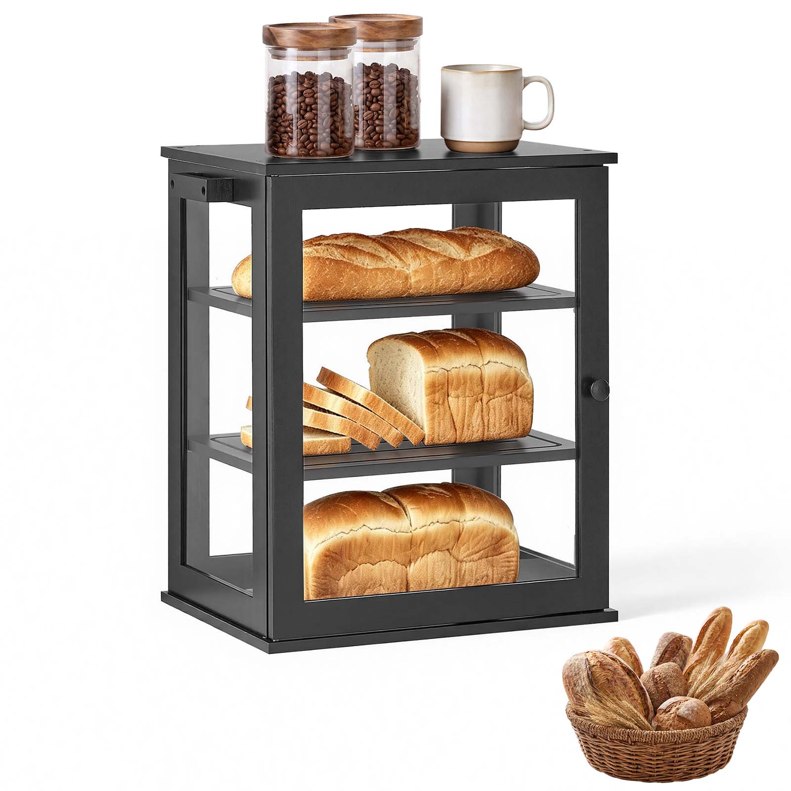 Front. VEVOR - Bread Box for Kitchen Counter Bamboo Wood Storage Container Black, for Homemade Bread, Under Cabinet, and Pantry - Black.