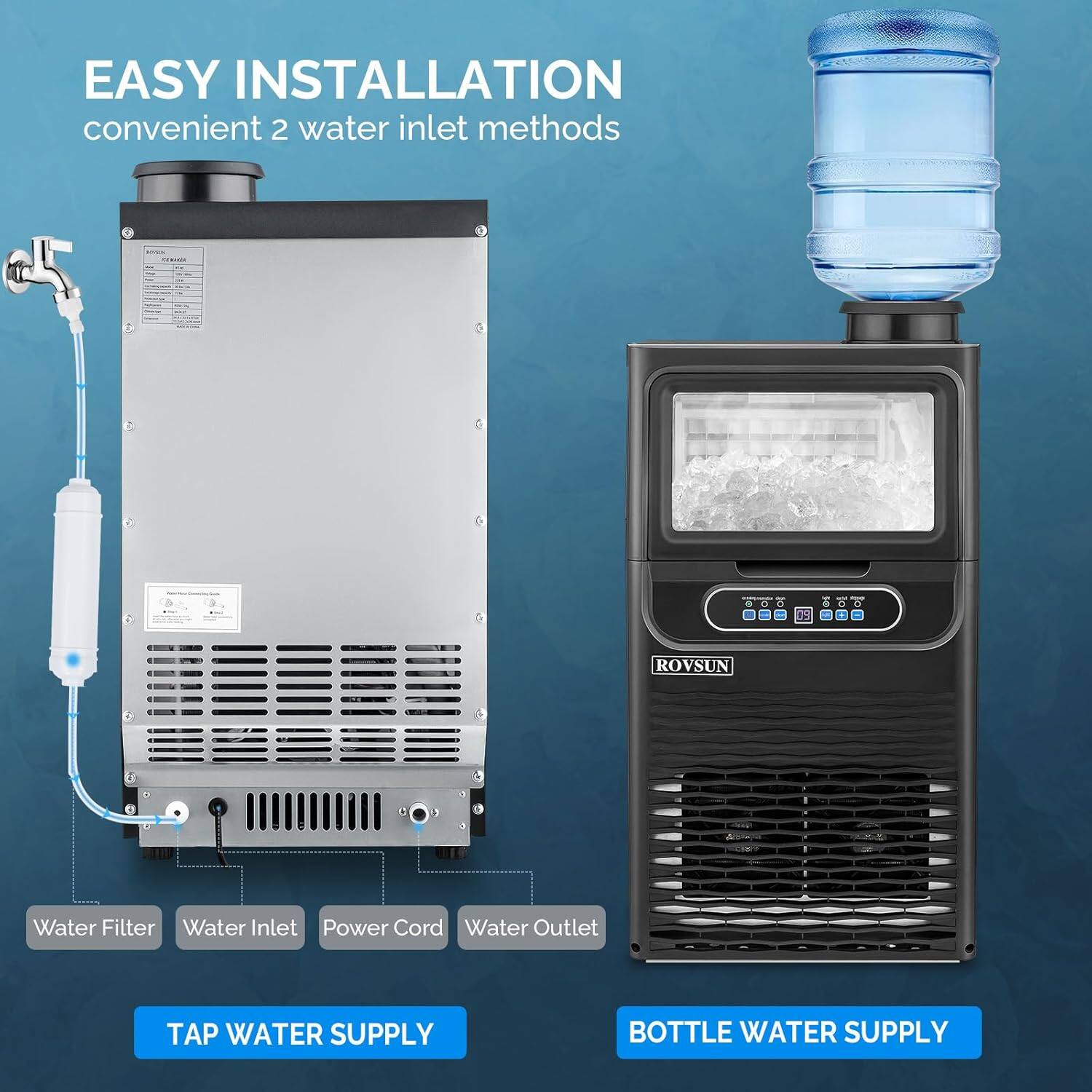 EASY INSTALLATION  
convenient 2 water inlet methods  

ROVSUN Water Filter  
Water Inlet  
Power Cord  
Water Outlet  

TAP WATER SUPPLY  

BOTTLE WATER SUPPLY