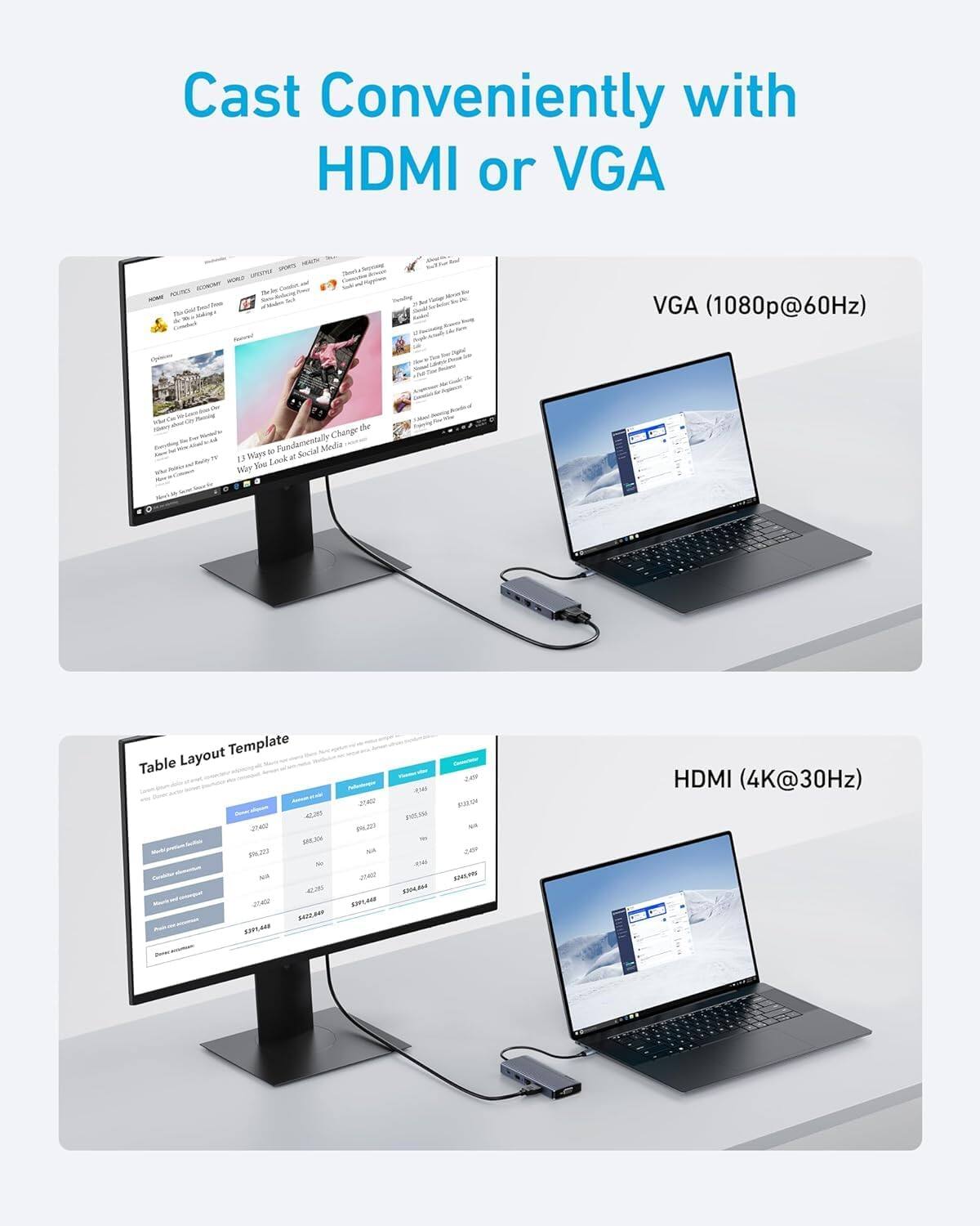 Cast Conveniently with HDMI or VGA

- VGA (1080p@60Hz)
- HDMI (4K@30Hz)