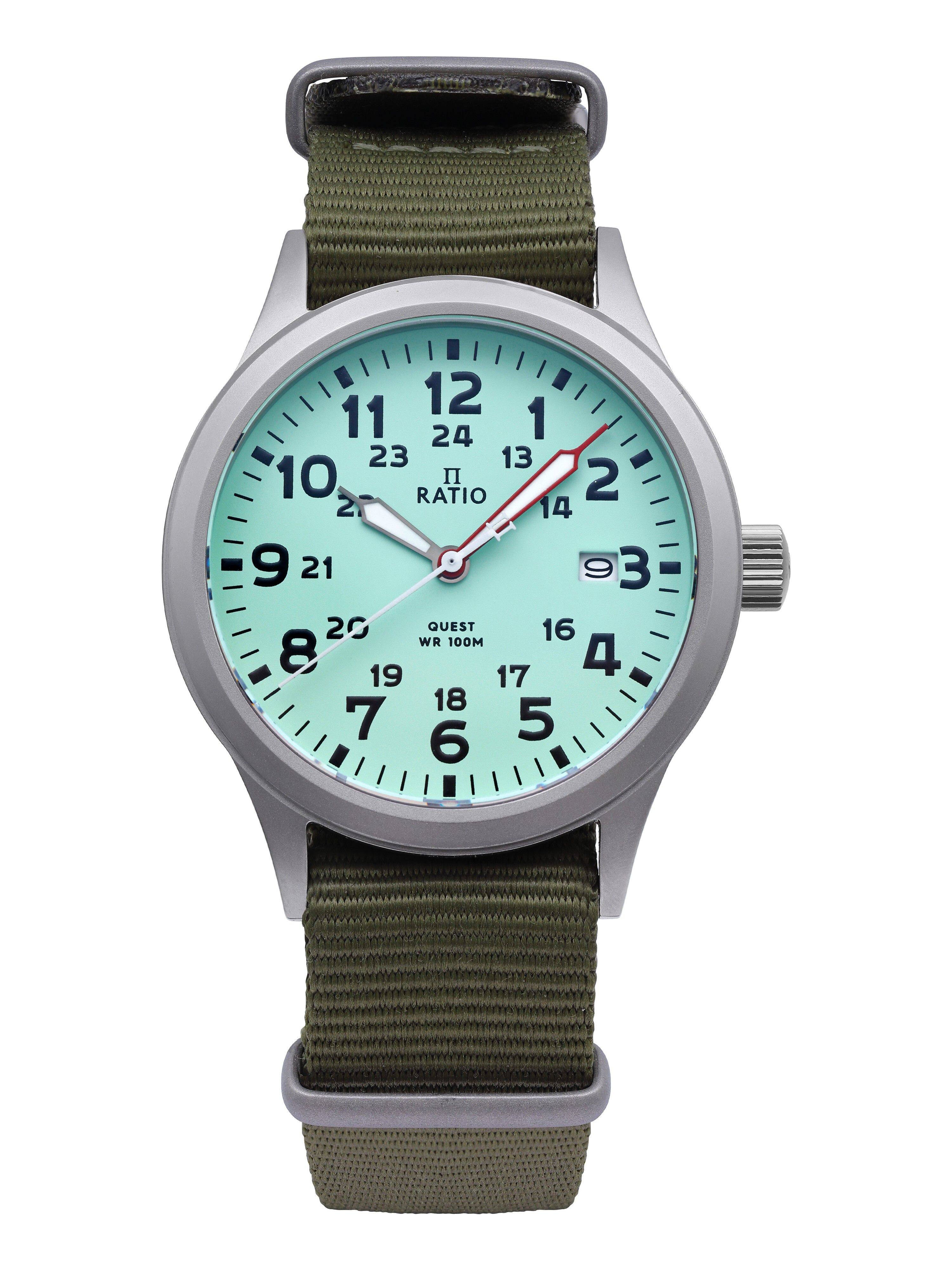 RATIO - Quest Mens Field Watch Sapphire Nylon Strap Quartz RTQ015 100M Lewis And Clark Edition - Green