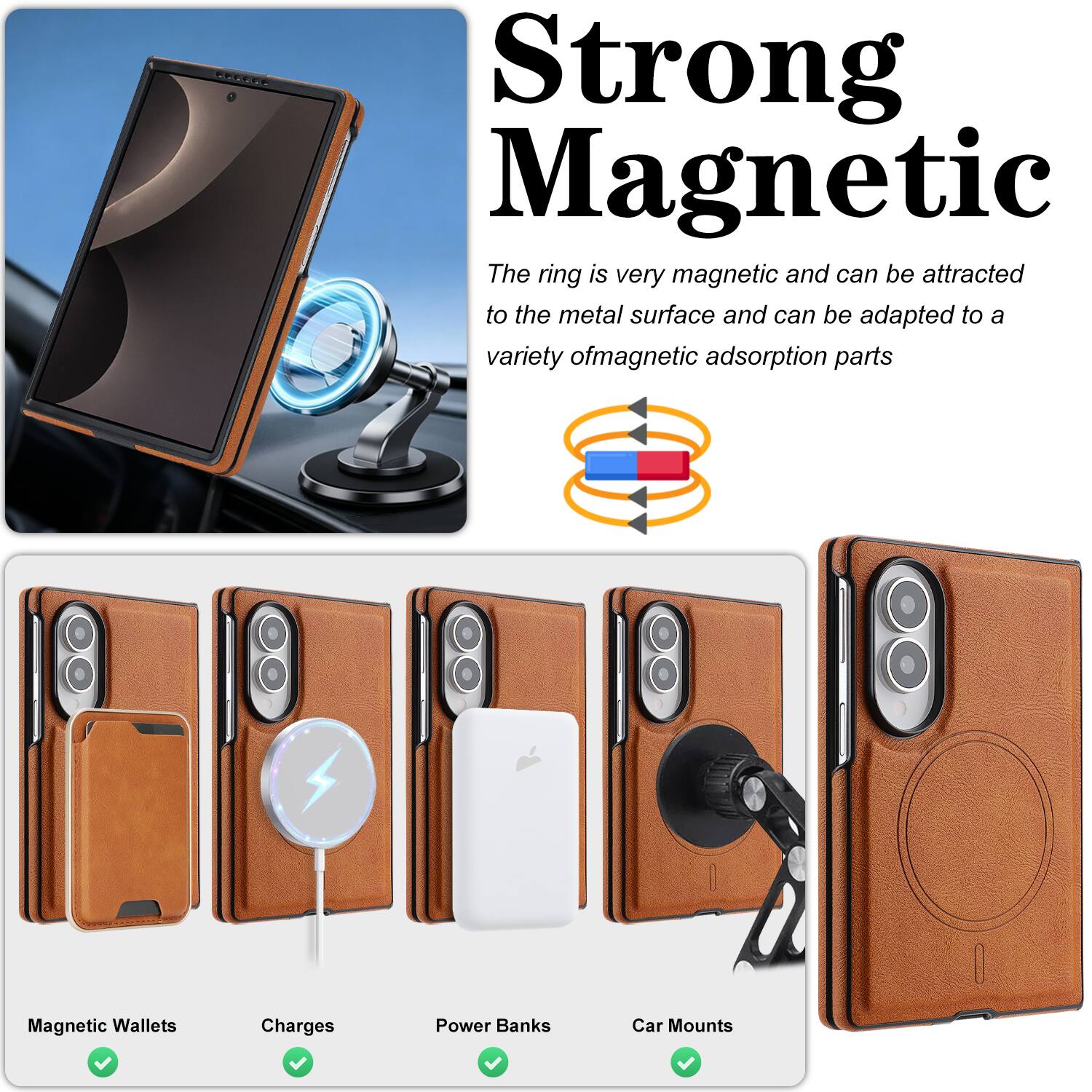 Strong Magnetic  
The ring is very magnetic and can be attracted to the metal surface and can be adapted to a variety of magnetic adsorption parts.  
Magnetic Wallets  
Charges  
Power Banks  
Car Mounts