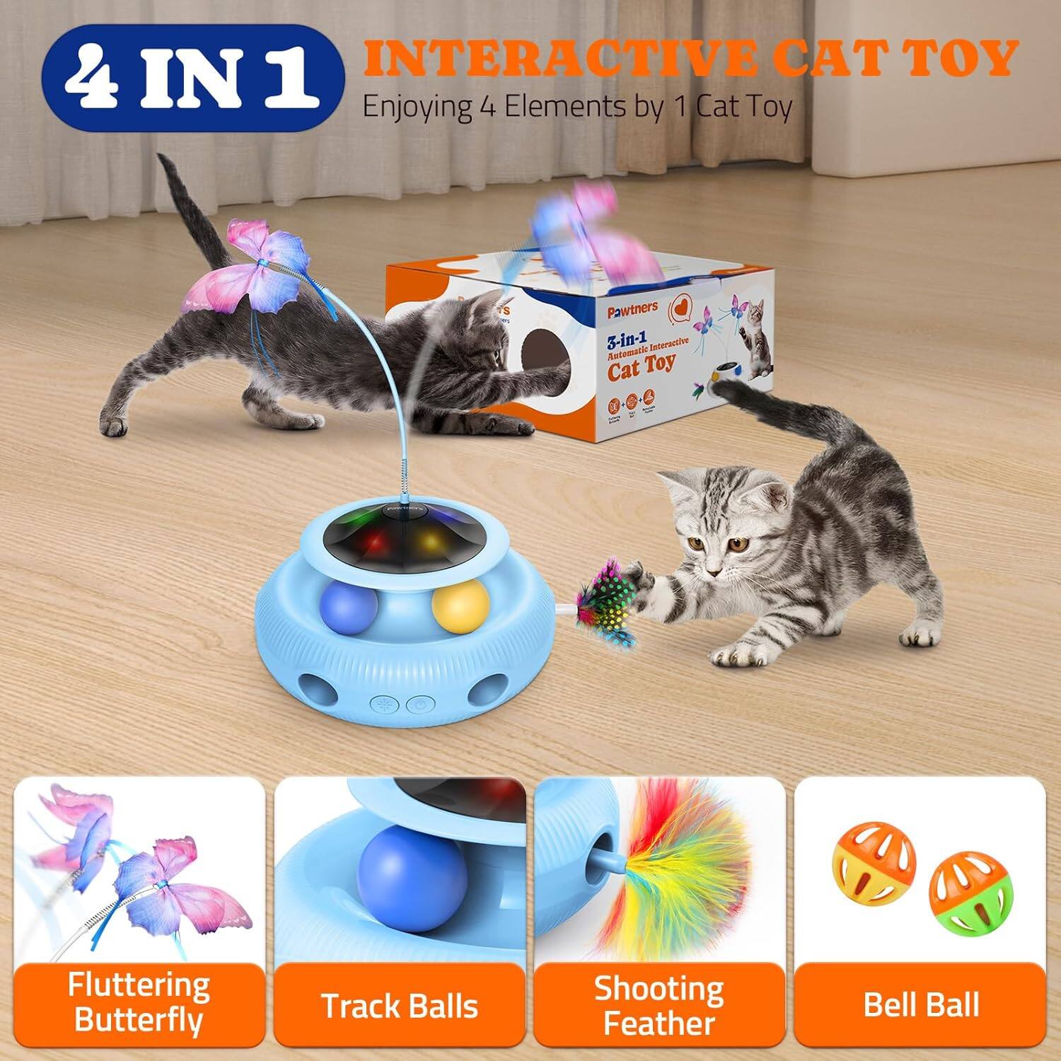4 IN 1 INTERACTIVE CAT TOY Enjoying 4 Elements by 1 Cat Toy Pawtners 3-in-1 Interactive Cat Toy Fluttering Butterfly Track Balls Shooting Feather Bell Ball