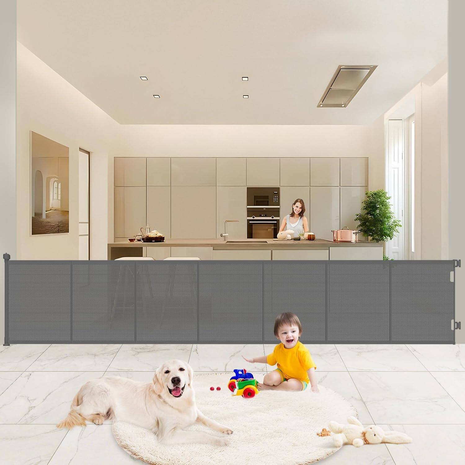 Front. Pawtners - Pawtners 120" Retractable Baby & Pet Gate, 41" Tall, Extra Wide Mesh Safety Gate for Indoor & Outdoor Use – Greyy - Grey.