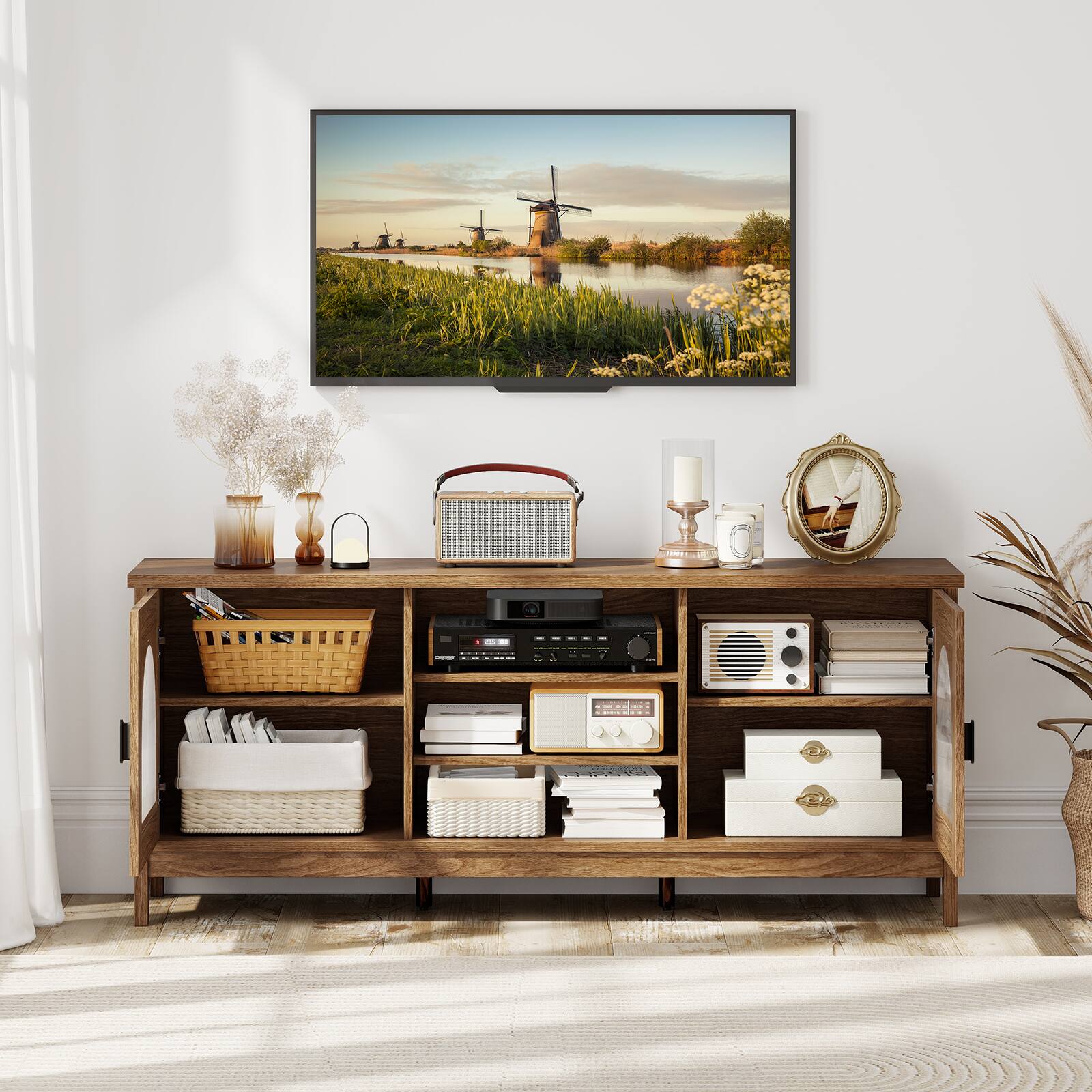 Alt View 1. Gymax - Gymax Farmhouse TV Stand for TVs up to 65'' Modern Vintage TV Cabinet for Living Room Walnut - Brown.