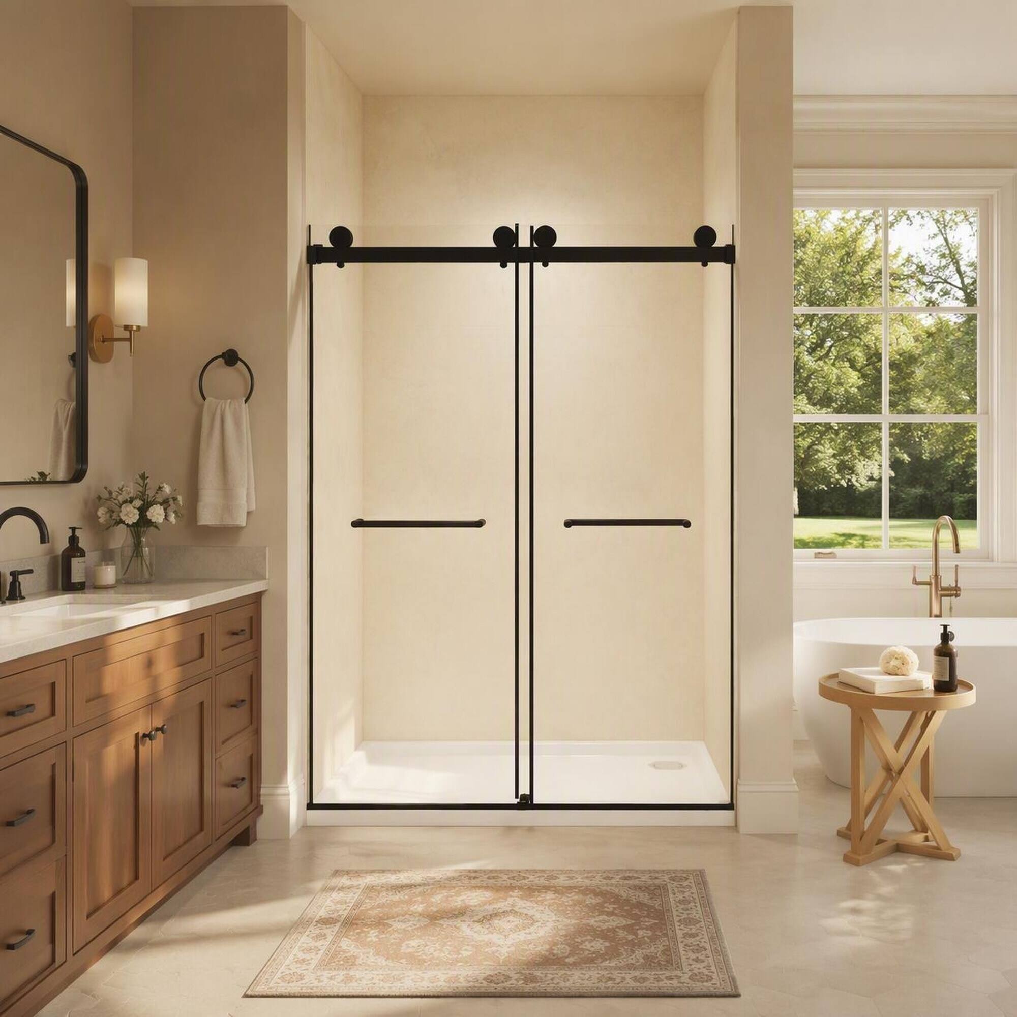 Left. RYHNUYNE - Frameless Double Sliding Shower Door 56-60" W X 74" H With 5/16" Tempered Glass, Matte Black Hardware - Matte Black.