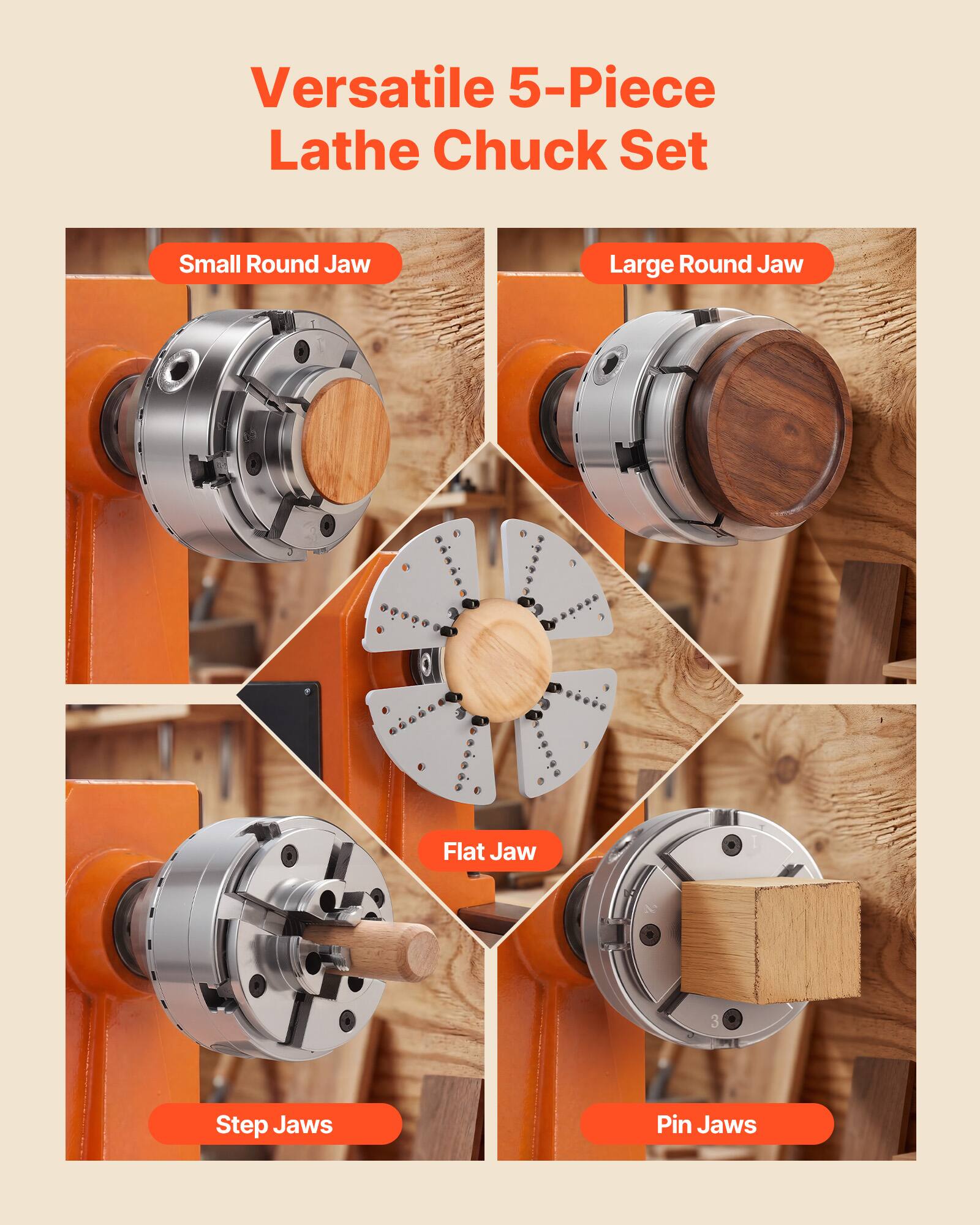 Versatile 5-Piece Lathe Chuck Set

- Small Round Jaw
- Large Round Jaw
- Flat Jaw
- Step Jaws
- Pin Jaws