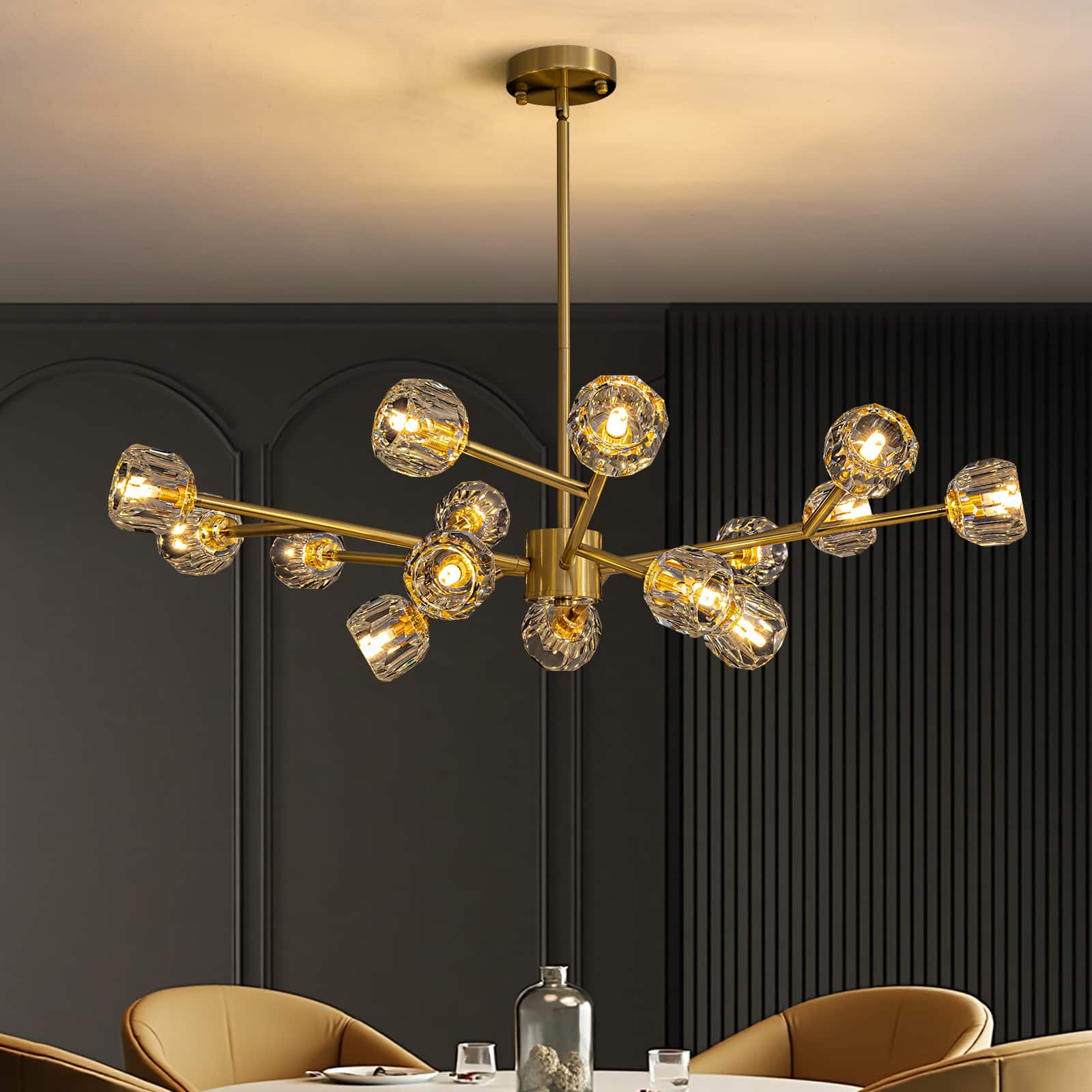 Front. Siljoy - 39.4-In Modern Sputnik Chandelier 15-Light Football Shaped Lamp Heads for Bedroom Dining Room Foyer Kitchen Living Room - Gold.