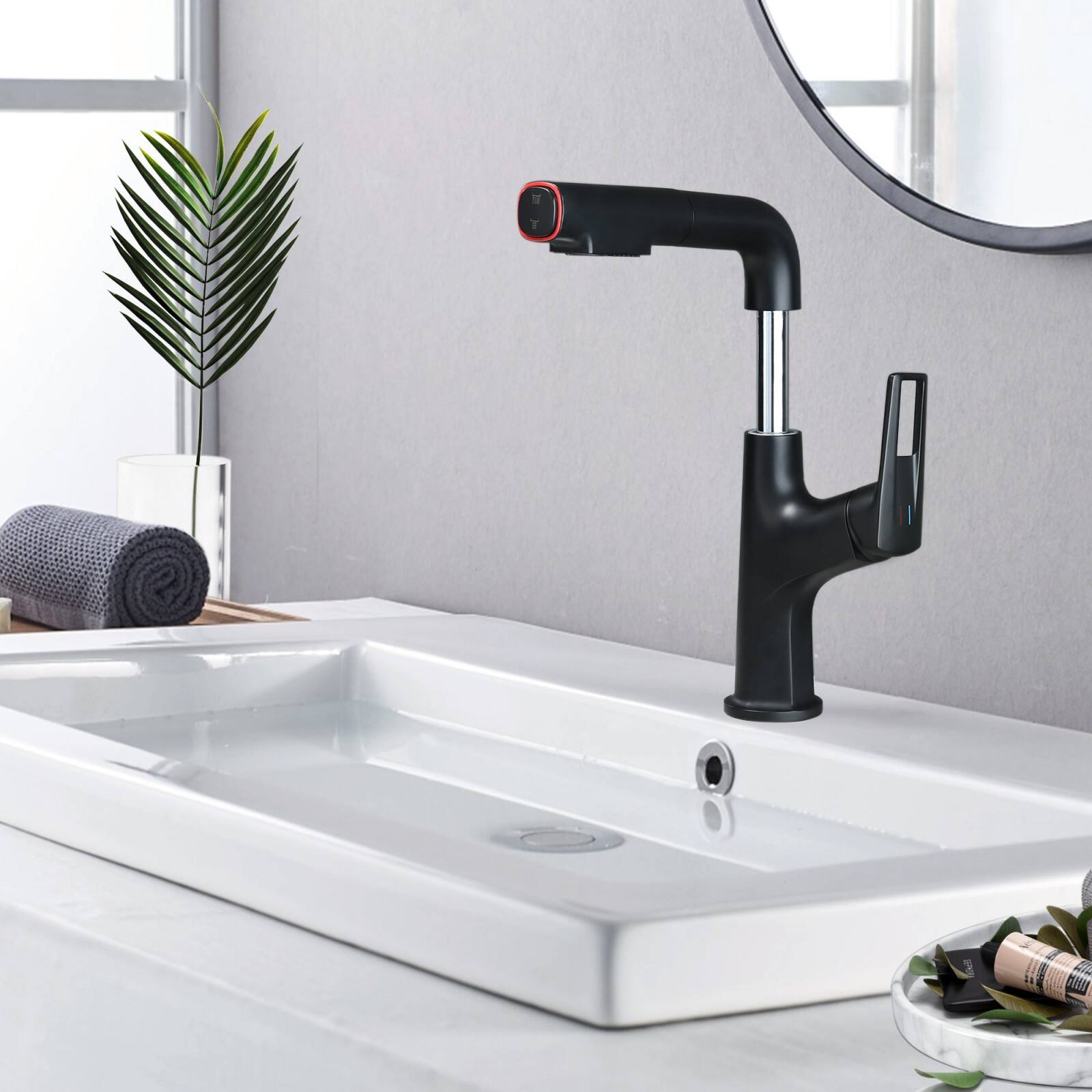 Alt View 1. Glintex - Matte Pull-Down Vessel Faucet - Single Hole Bathroom Sink Faucet with Lift Spout & Dual Spray Modes​ - Black.