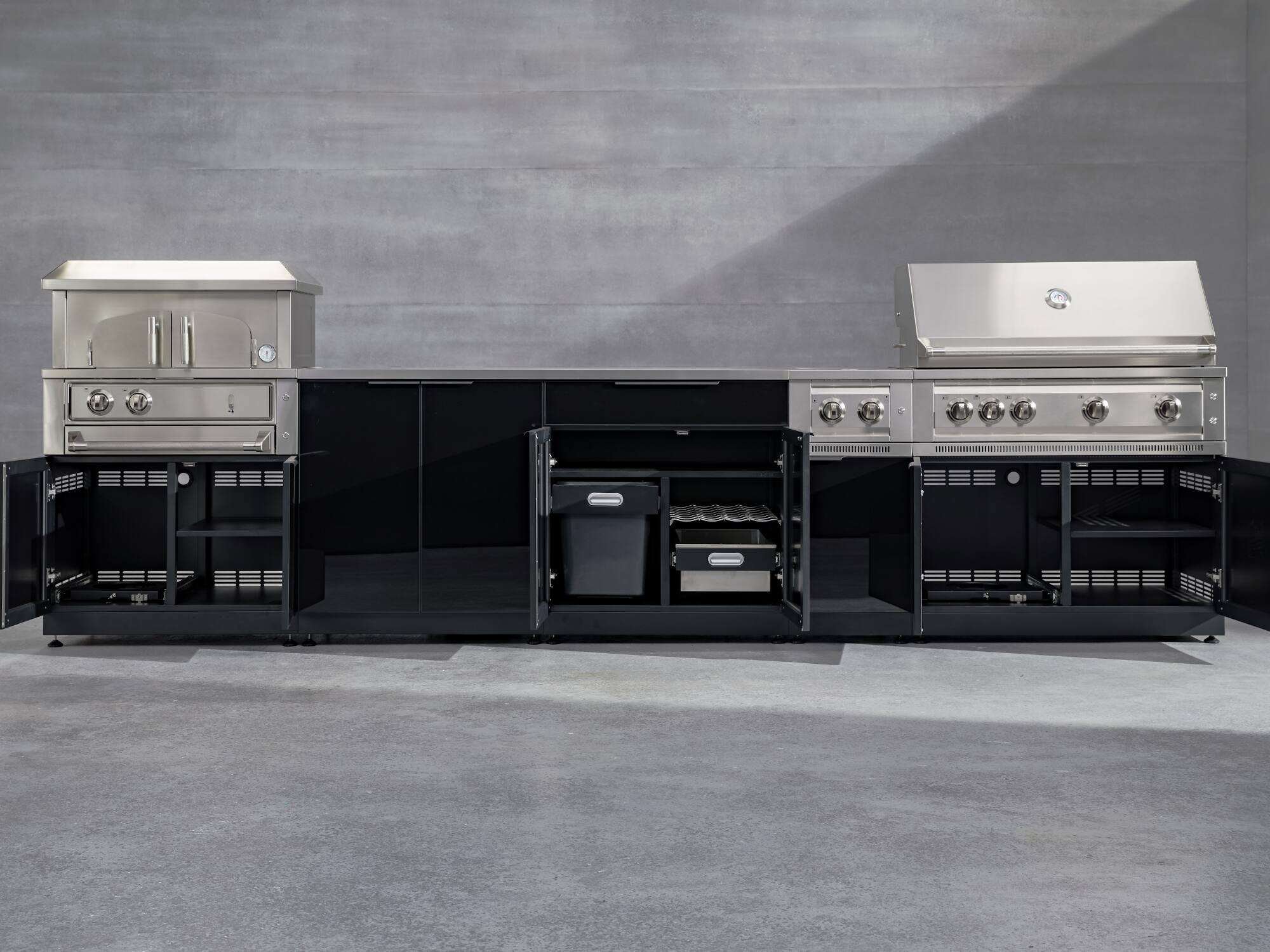 Left. NewAge Products - Outdoor Kitchen Aluminum 6 Piece Cabinet Set with Sink, Bar, Grill Cabinet, Grill, Countertop and Glass Door Fridge - Black.