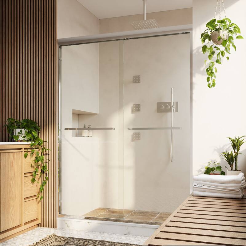 Angle. WELLFOR - 50-54 in W x 72 in H Framed Shower Door with Double Sliding & Stainless Steel Towel Bar Handle, 1/4" Tempered Glass - Chrome.