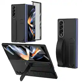 Dteck - Matte Case for Samsung Galaxy Z Fold4 with Wristband Stand, Bulit-in Front Screen Protector, Shockproof Full Body Cover - Black
