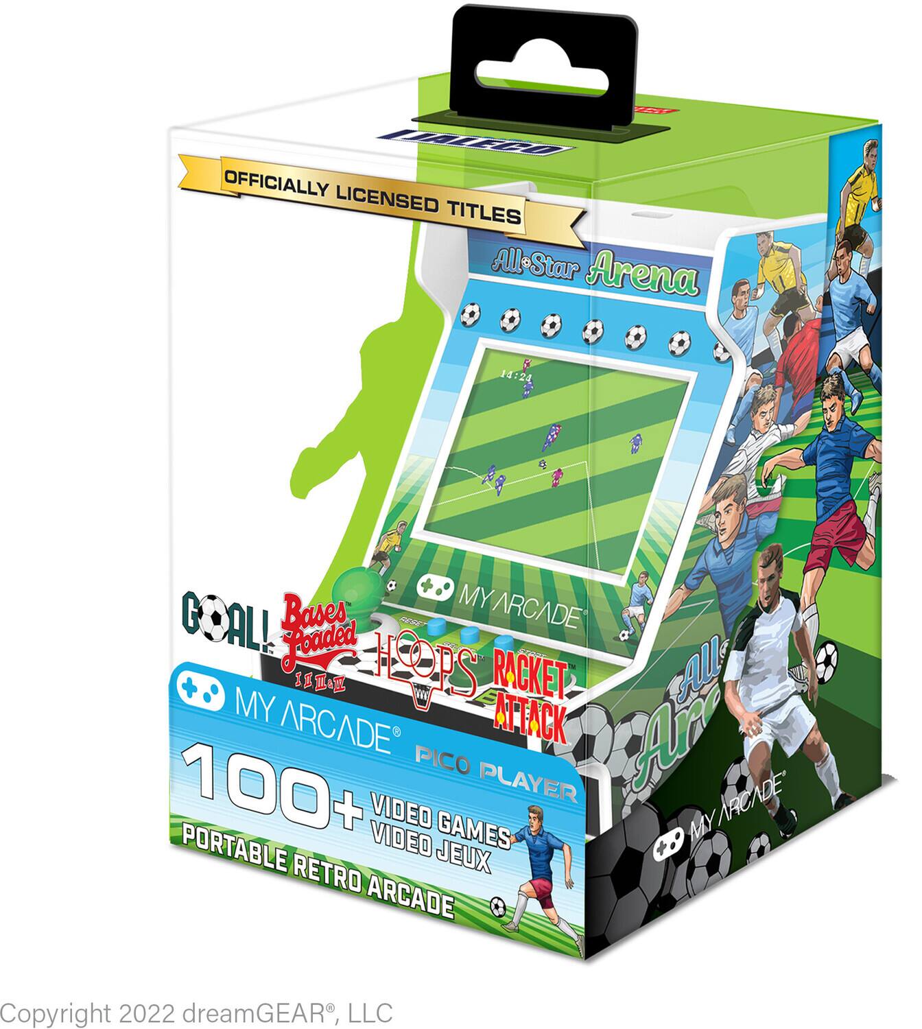 Sure, here is the corrected and grouped text from the image:

---

**OFFICIALLY LICENSED TITLES**

- All-Star Arena
- GOAL! Bases Loaded
- RACKET ATTACK

**MY ARCADE**

- 100+ VIDEO GAMES
- PORTABLE RETRO ARCADE

**PICO PLAYER**

**MY ARCADE**

**Copyright 2022 dreamGEAR®, LLC**

---