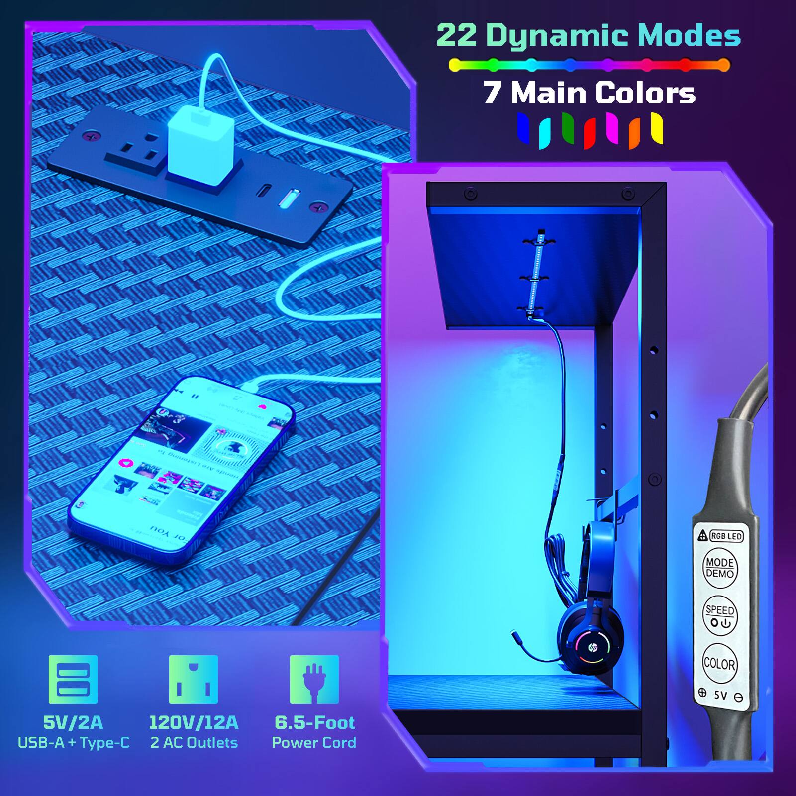 22 Dynamic Modes  
7 Main Colors  
RGB LED MODE DEMO  
SPEED  
COLOR  
5V/2A  
120V/12A  
6.5-Foot USB-A + Type-C  
2 AC Outlets  
Power Cord