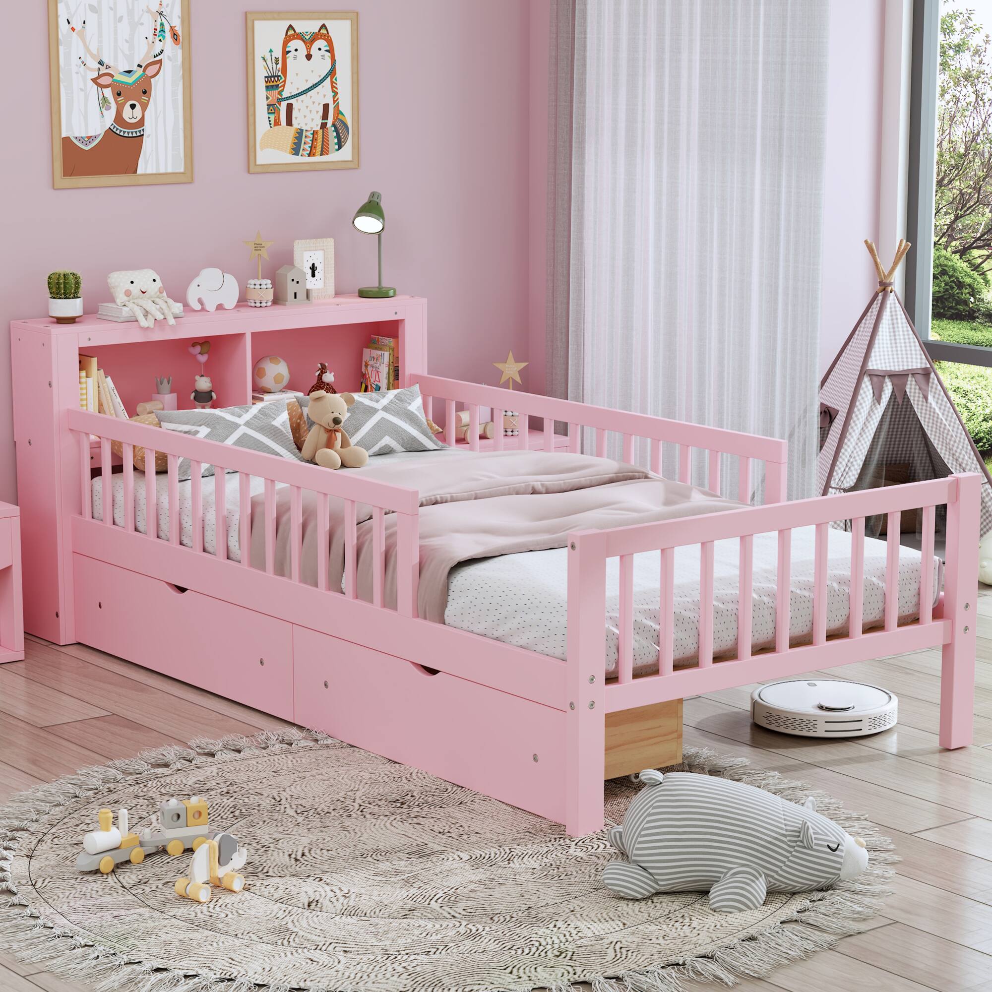 Angle. GOODSILO - Twin Size Bed with Headboard Storage and Under-Bed Drawers Featuring Safety Guardrails - Pink.