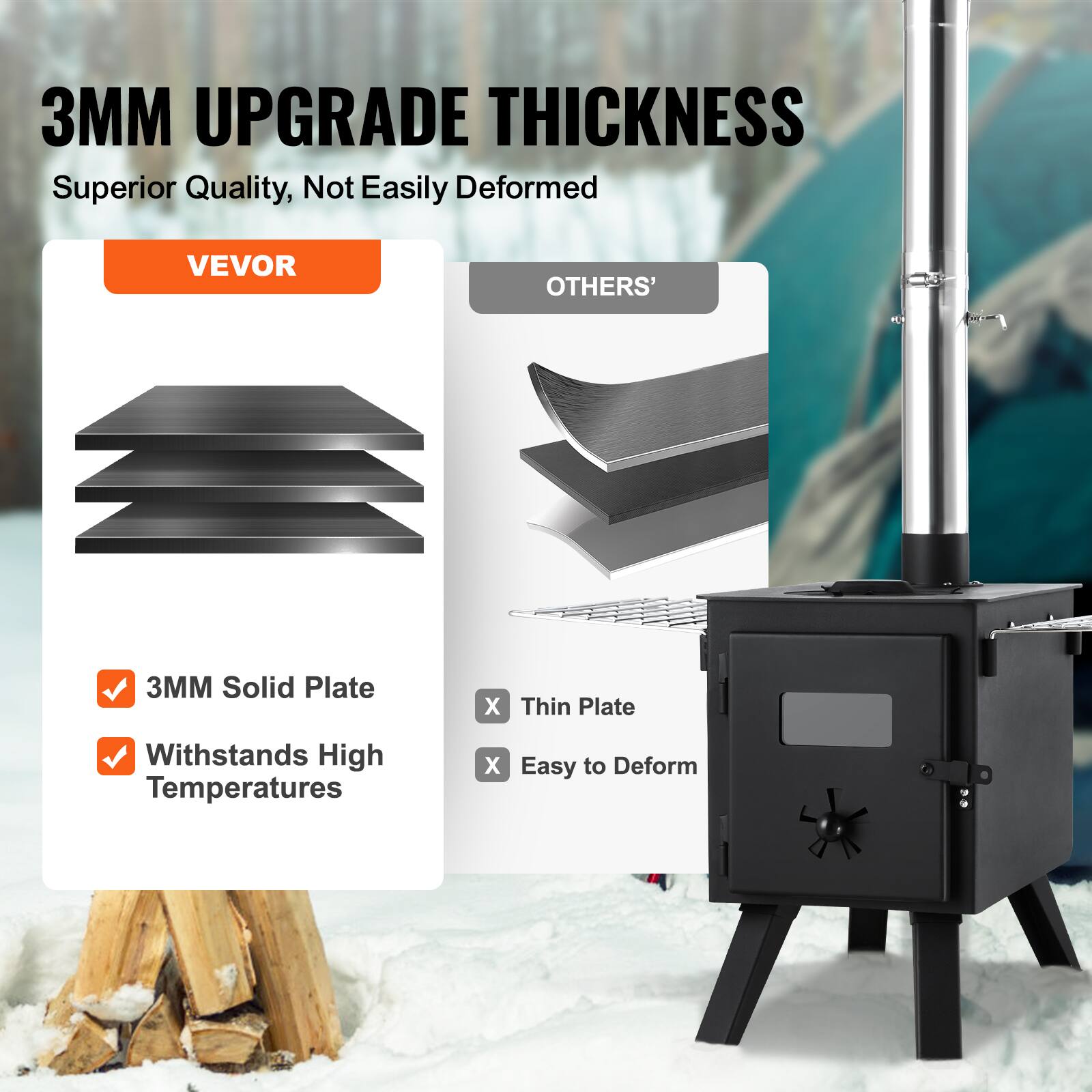 3MM UPGRADE THICKNESS  
Superior Quality, Not Easily Deformed  

VEVOR  
- 3MM Solid Plate  
- Withstands High Temperatures  

OTHERS'  
- Thin Plate  
- Easy to Deform