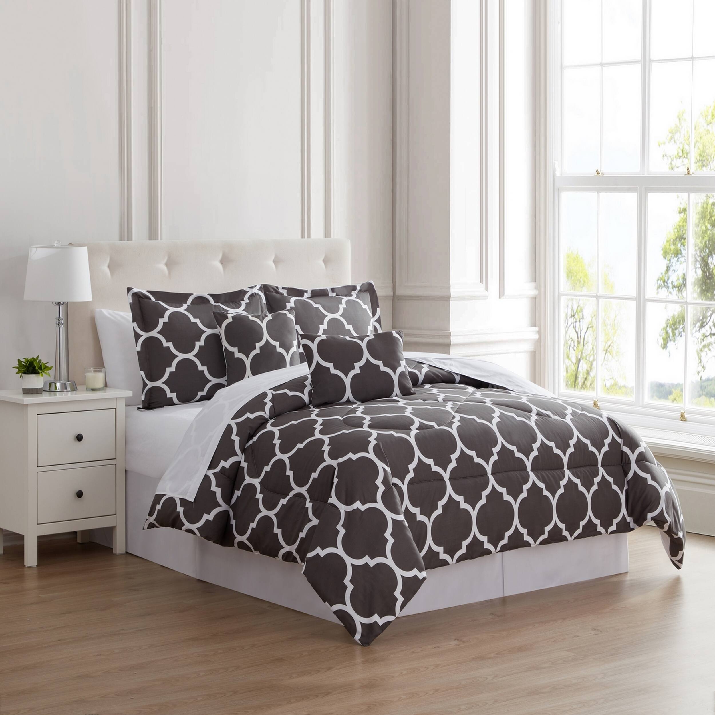 Front. Kathy Ireland - Kathy Ireland 6 Piece Trellis Oversized Comforter Set - Dark Grey.