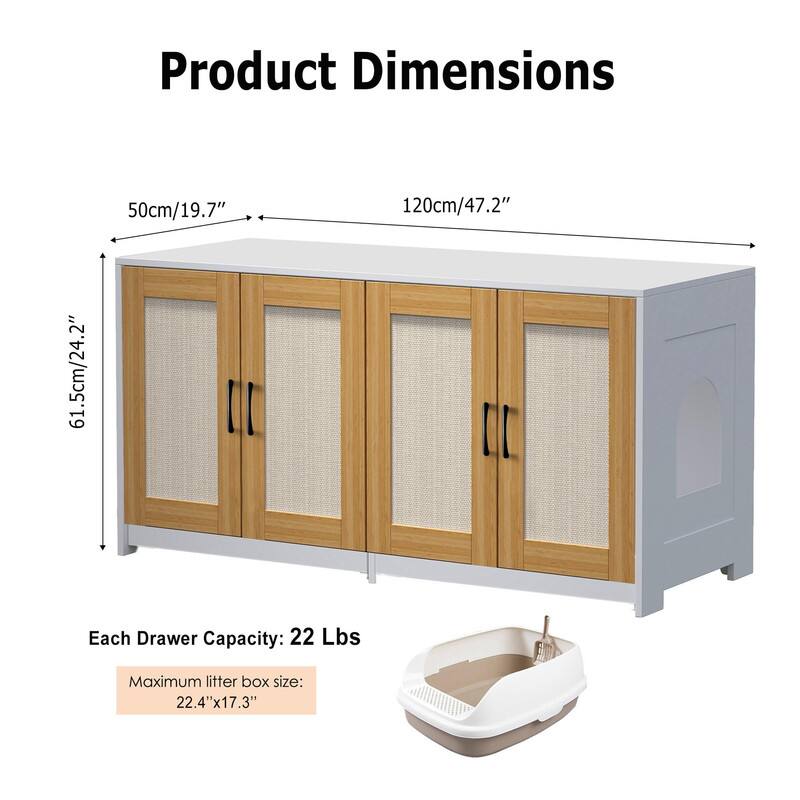 Product Dimensions:  
- Width: 120cm/47.2"  
- Depth: 50cm/19.7"  
- Height: 61.5cm/24.2"  

Each Drawer Capacity: 22 Lbs  

Maximum litter box size: 22.4" x 17.3"