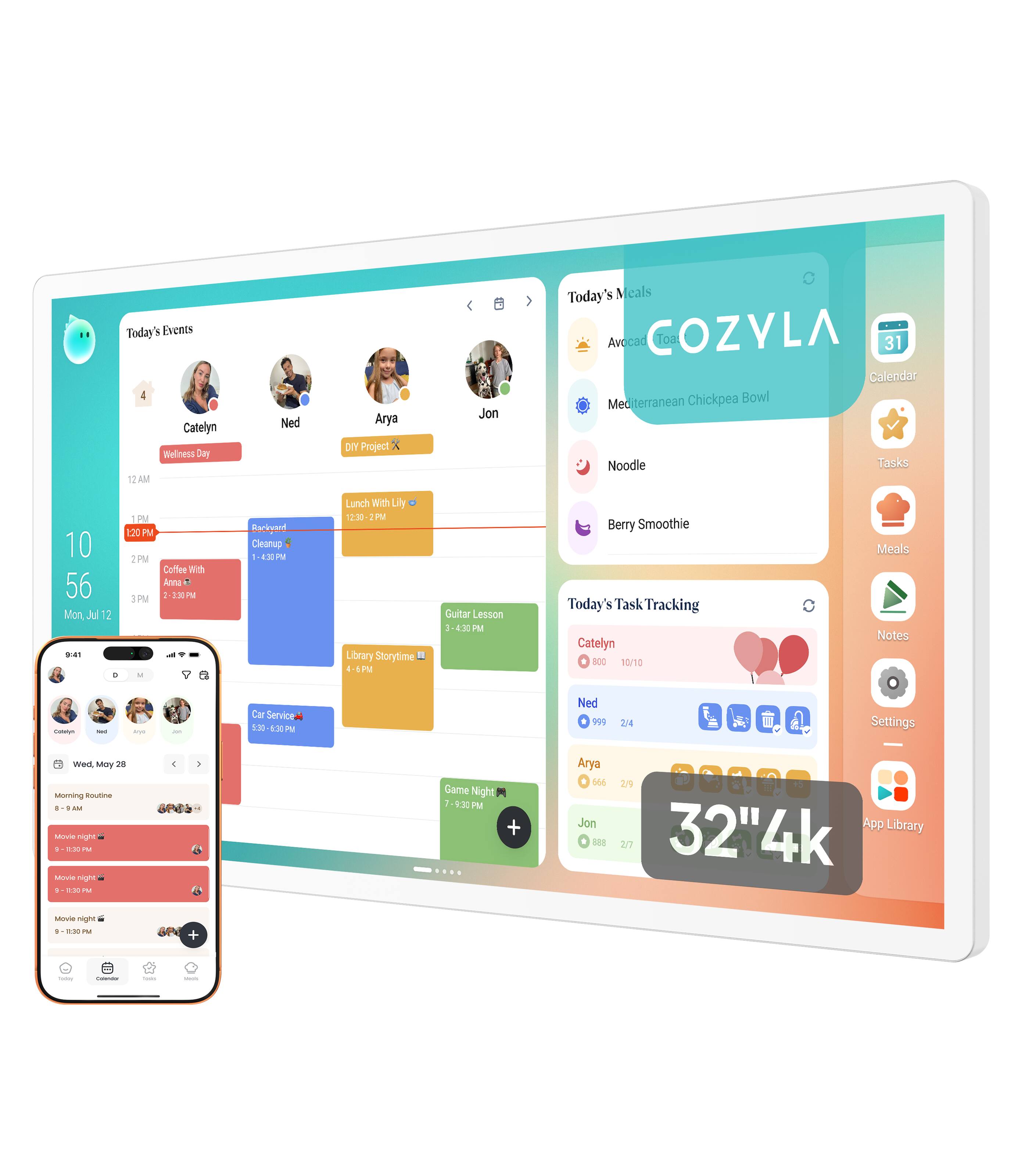 Cozyla - Digital Calendar+2: 32'' 4K Wall Planner Touch Screen Chore Chart Smart Calendar for Family Schedules Support App Store - White