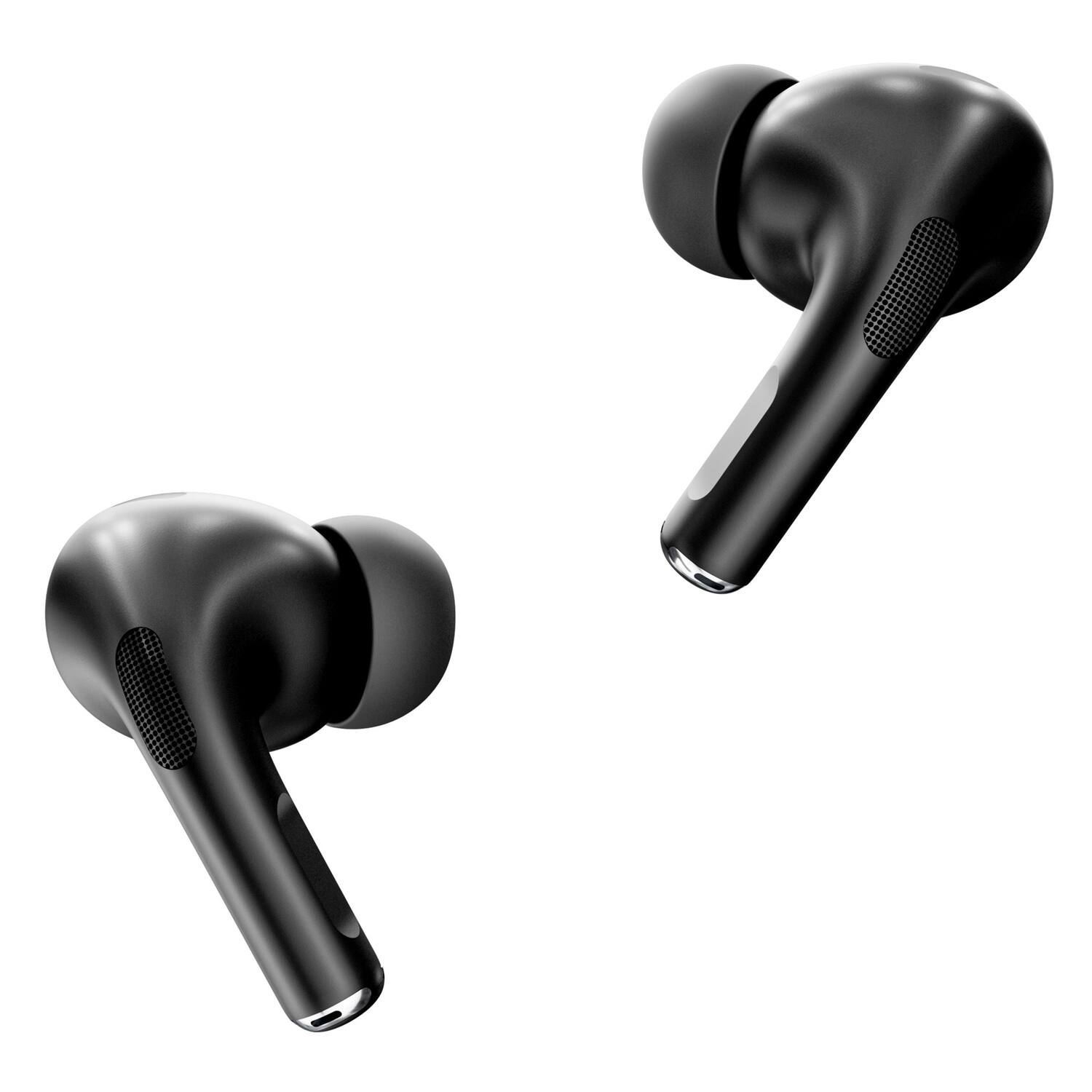 Angle. RCA - WAVE-48 TWS Bluetooth In-Ear Earbuds, On-Ear Controls, ANC, Charging Case with Screen, 20 Hr Play Time - Black.
