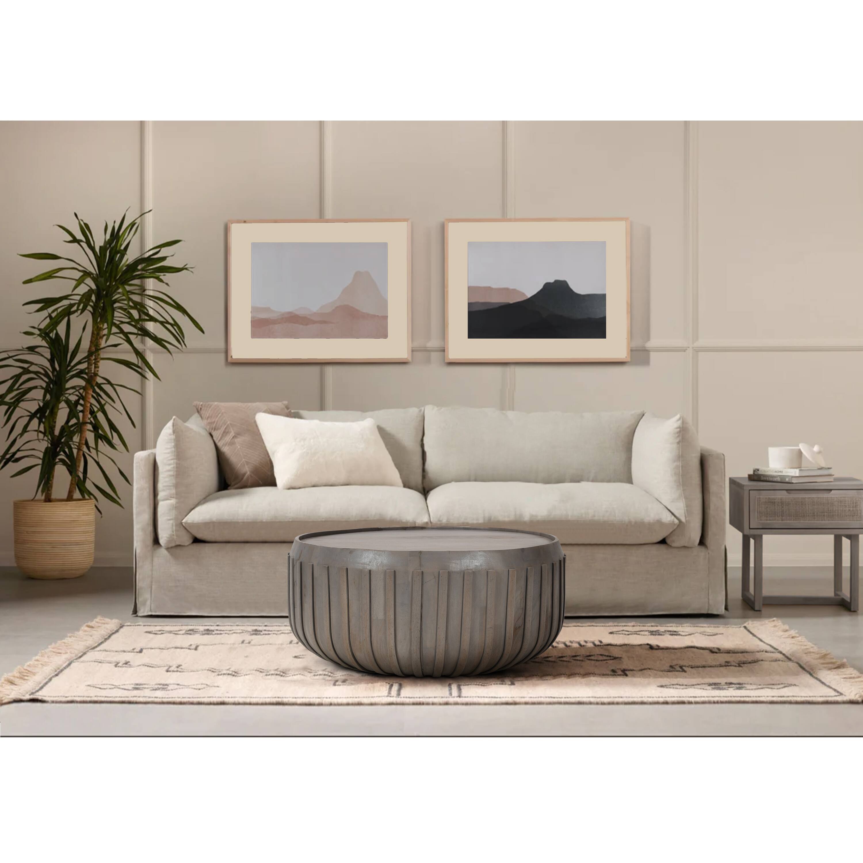 Alt View 10. Manhattan Lane - Alisha 36 Inch Coffee Table, Handcrafted Drum Shape with Ribbed Edges, Mango Wood - Gray.
