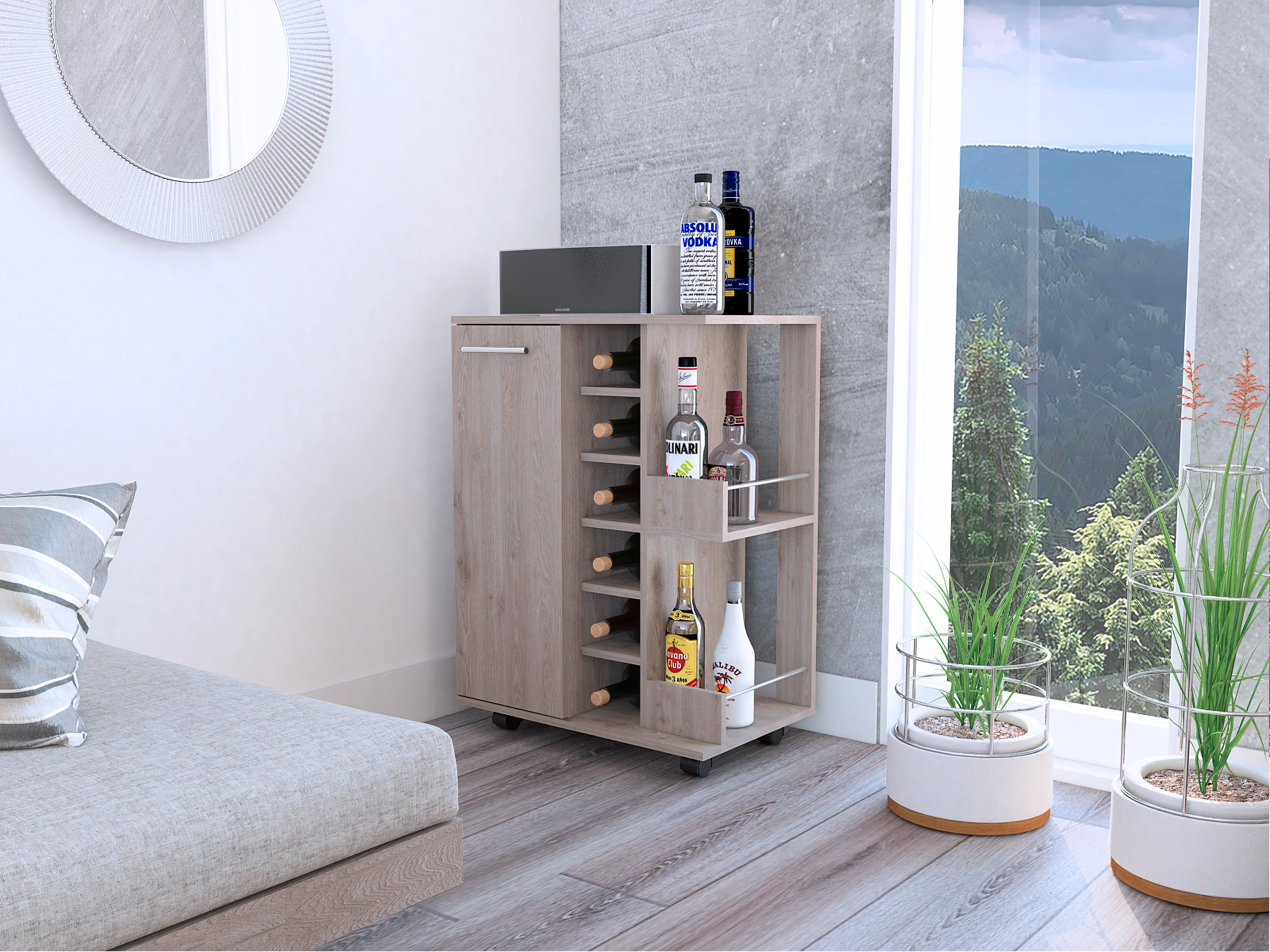 TinyHomie - Bar Cart Two External Shelves Four Casters Six Built-in Wine Rack Single Door Cabinet -Light Gray