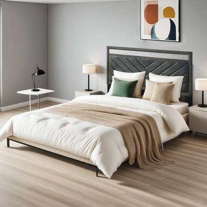 Front. Vaczon - Modern Upholstered Storage Platform Bed Frame with Footboard Drawers, Padded Headboard and Solid Slat Support - Gray.