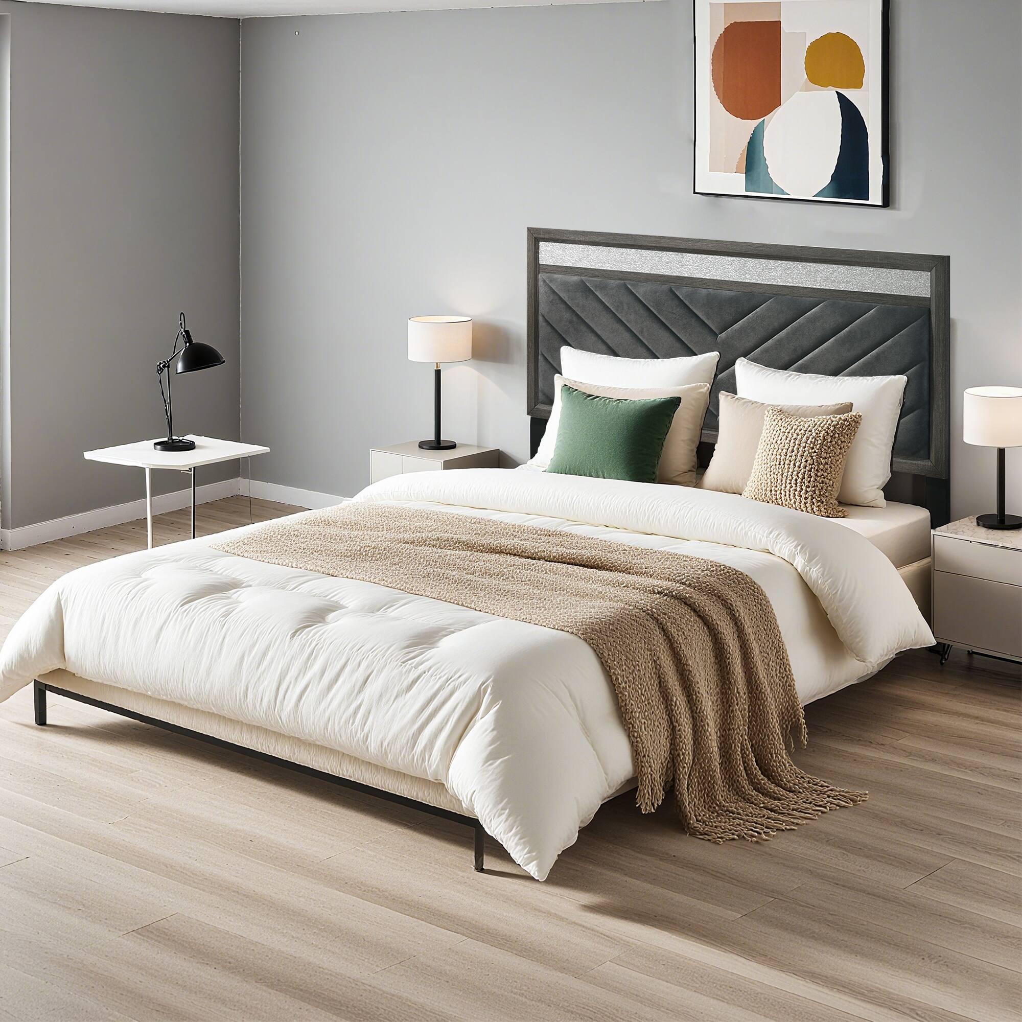 Angle. Vaczon - Modern Upholstered Storage Platform Bed Frame with Footboard Drawers, Padded Headboard and Solid Slat Support - Gray.