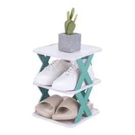 Unique Bargains - 3-Tier Plastic Shoe Rack, Vertical Stackable Folding Narrow Shelf for Closet Entryway Garage - Blue/White