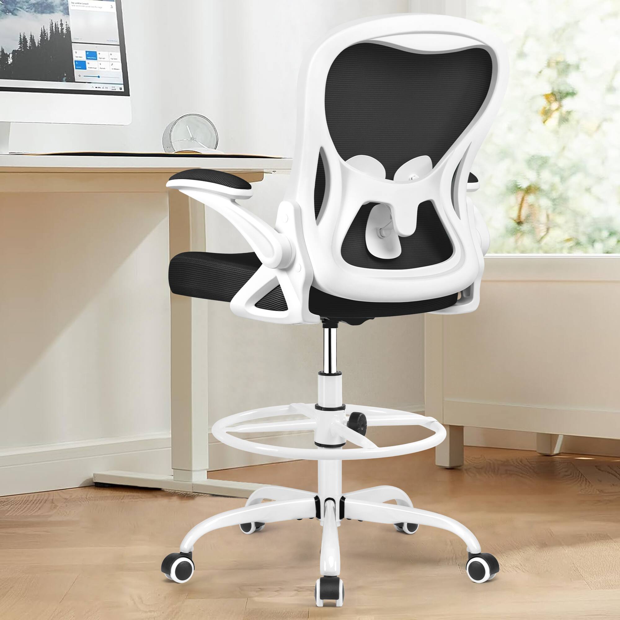 Alt View 6. Brick Attic - Drafting Chair, Tall Office Chair Ergonomic Desk Chair, Task Rolling Chair with Adjustable Flip-up Armrests Foot Ring - White.