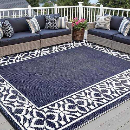 Reds Spade - Outdoor Plastic Straw Rug Navy Large Outside Waterproof Patio Carpet Geometric Reversible Mat Modern For Ca - Geo | Navy Blue-5' x 8' (Rectangular)