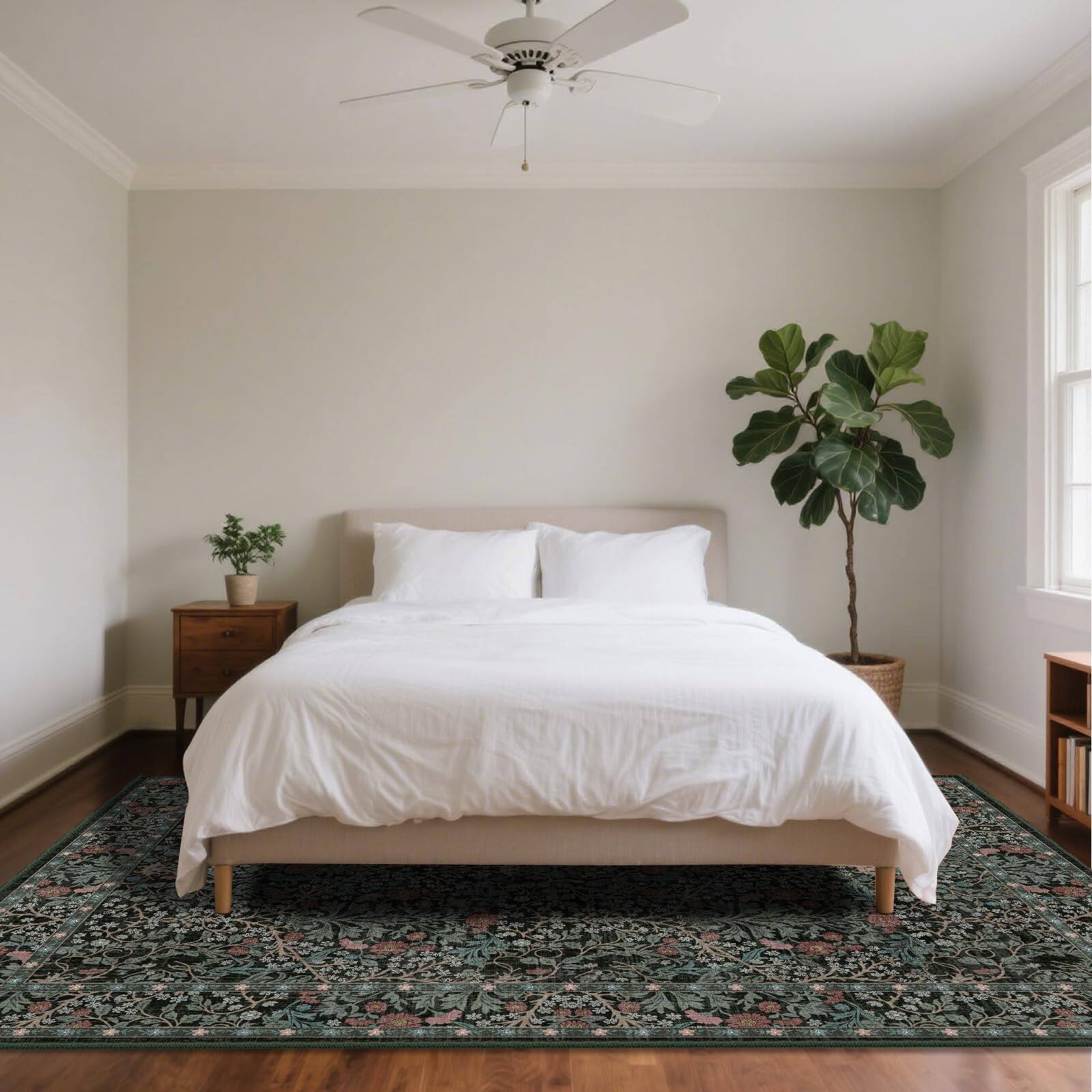 Left. PARKER SLATER - Washable Area Rugs Living Room Stain Resistant Vintage Dining Under Kitchen Table Bedroom Floral Low Pile Non Sl... - Black.