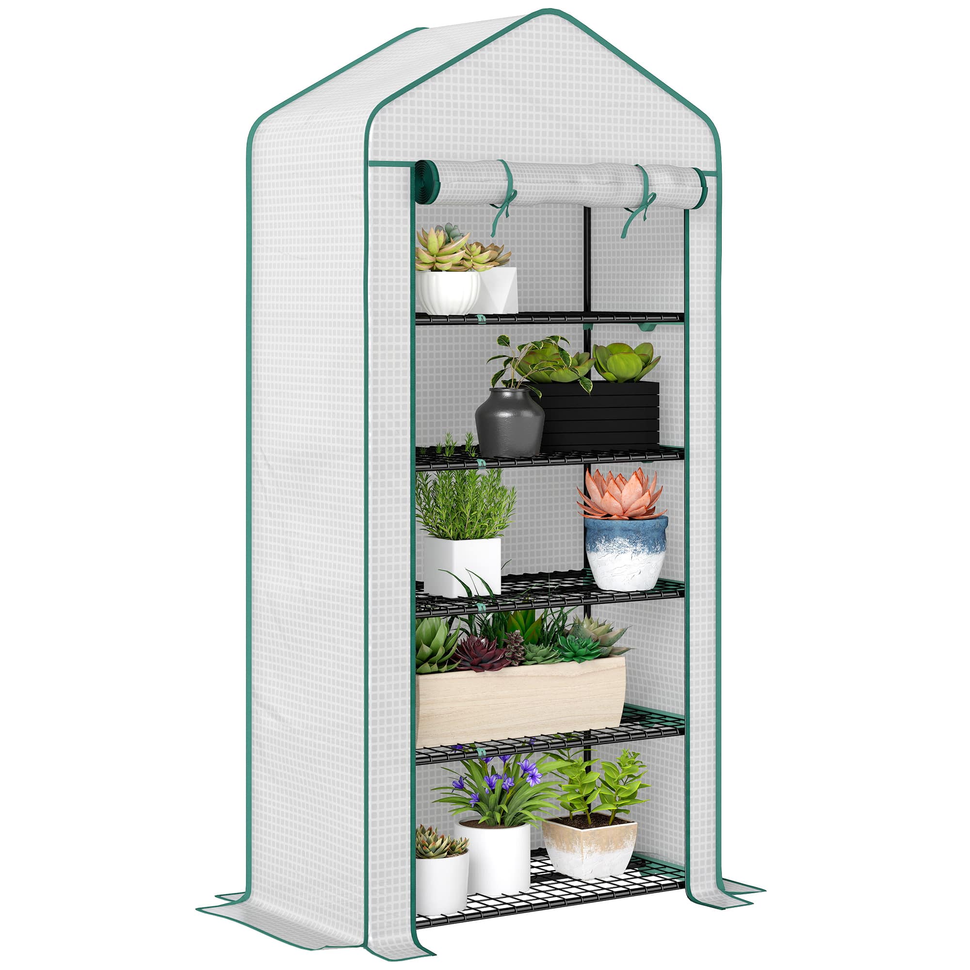 Outsunny - 5 Tier Mini Greenhouse, 76" x 35.4" x 19.3" Small Portable Greenhouse with Reinforced PE Cover, Roll-Up Zippered Door