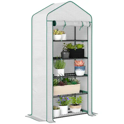 Front. Outsunny - 5 Tier Mini Greenhouse, 76" x 35.4" x 19.3" Small Portable Greenhouse with Reinforced PE Cover, Roll-Up Zippered Door.
