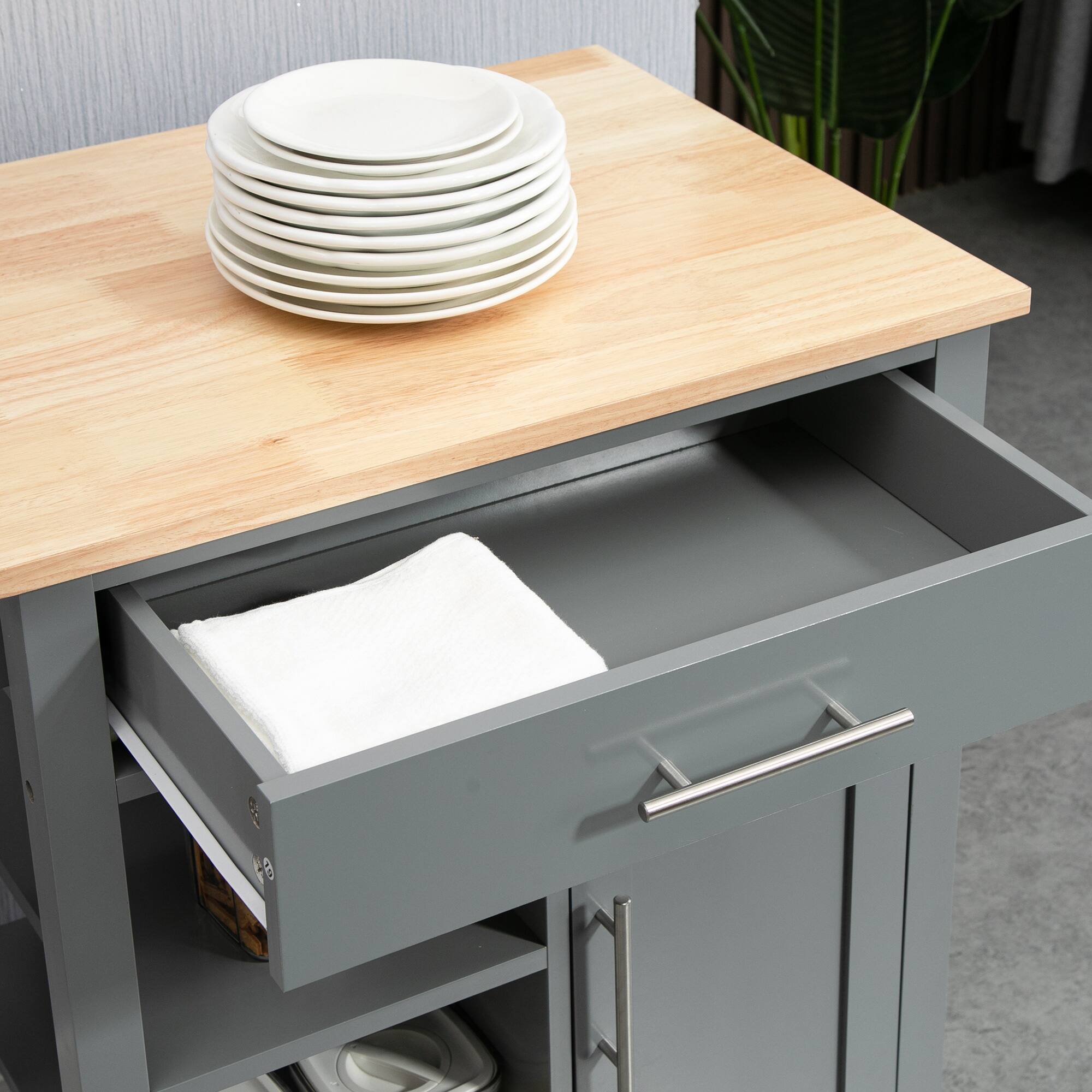 Alt View 5. Homcom - Kitchen Island Cart, Rolling Kitchen Island with Storage Shelf, Solid Wood Top, Drawer, for Dining Room - Grey.