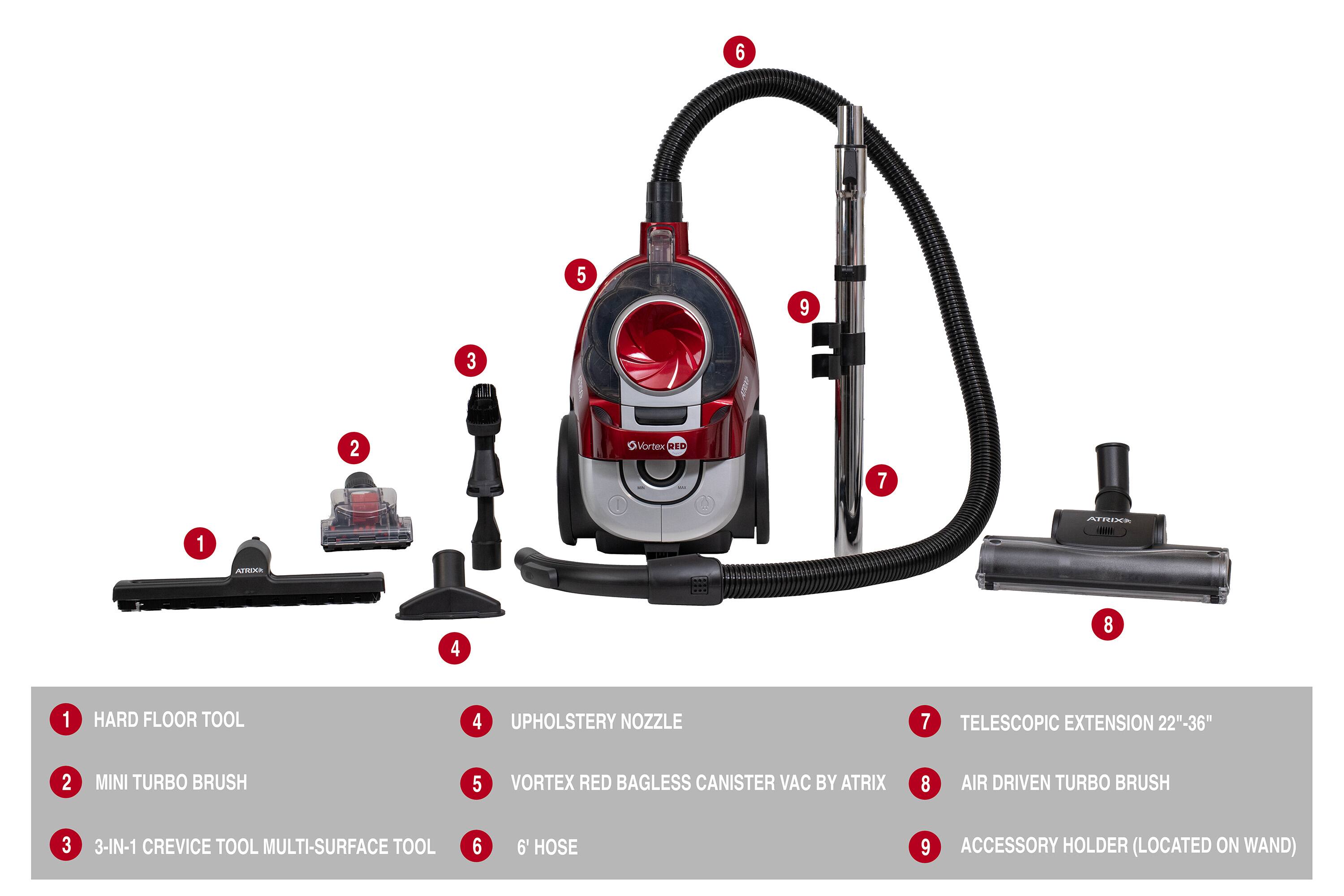 6 5 9 3 2 Vortex ULD 7 1 ATRIXA 1 ATUKA 4 8 1 HARD FLOOR TOOL 4 UPHOLSTERY NOZZLE 7 TELESCOPIC EXTENSION 22"-36" 2 MINI TURBO BRUSH 5 VORTEX RED BAGLESS CANISTER VAC BY ATRIX 8 AIR DRIVEN TURBO BRUSH 3 3-IN-1 CREVICE TOOL MULTI-SURFACE TOOL 6 6' HOSE 9 ACCESSORY HOLDER (LOCATED ON WAND)