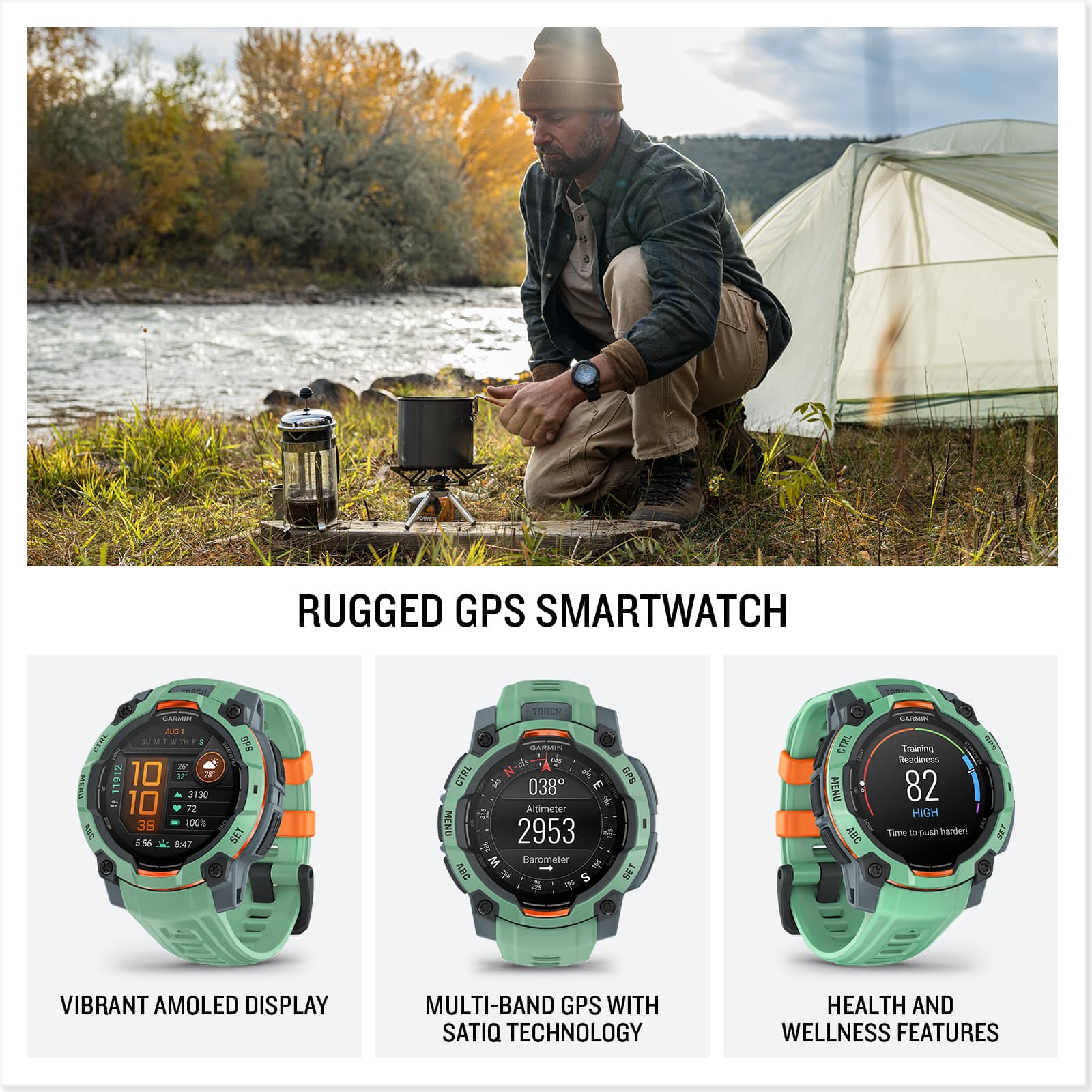 Rugged GPS Smartwatch:
* CD AA battery
* 50m water resistance
* 545m altitude
* 10 ATM pressure resistance
* 3130mAh battery
* 10.1" OLED display
* 22.38" wrist circumference
* 847 torch
* Garmin CTRL A100
* Barometer, altimeter, and compass
* Training and fitness features
* Health and wellness features
The image showcases a man wearing a rugged GPS smartwatch, which is designed to be durable and reliable for outdoor activities. The watch features a vibrant AMOLED display, multi-band GPS with satellite technology, and various health and wellness features. The image also highlights the watch's water resistance, altitude, and pressure resistance capabilities, making it suitable for outdoor adventures and sports.