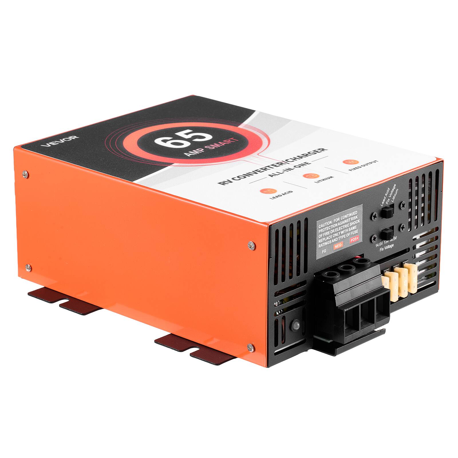 VEVOR  
65 AMP SMART CHARGER  
RV CONVERTER/CHARGER  
ALL-IN-ONE  
ACID LITHIUM FIXED OUTPUT  
ACK!  
VINDO  
LEAD  
Ktd  
CRONUM  
FOR LAGAINST RISK  
CONTINUED OFFIRE OR ELECTRIC SHOCK PROTECTION  
CAUTION: REPLACE RATINGSA AND ONLY TYPEOFFUSE TYPE POS+ 14.64 VELON NEG-  
Fir Volage FG