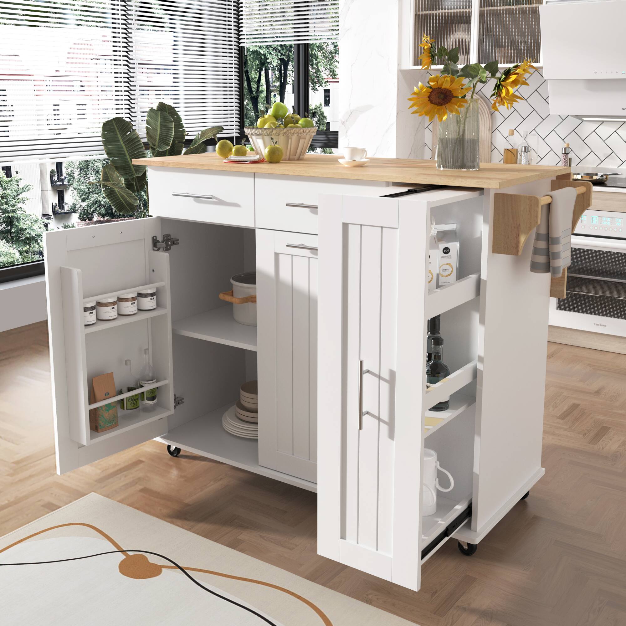 Angle. Spaco - Spaco Rolling Kitchen Island Cart with 3 Tier Pull Out Organizer, 2 Drawers, Internal Storage, Towel Rack,Locking Wheels - White.