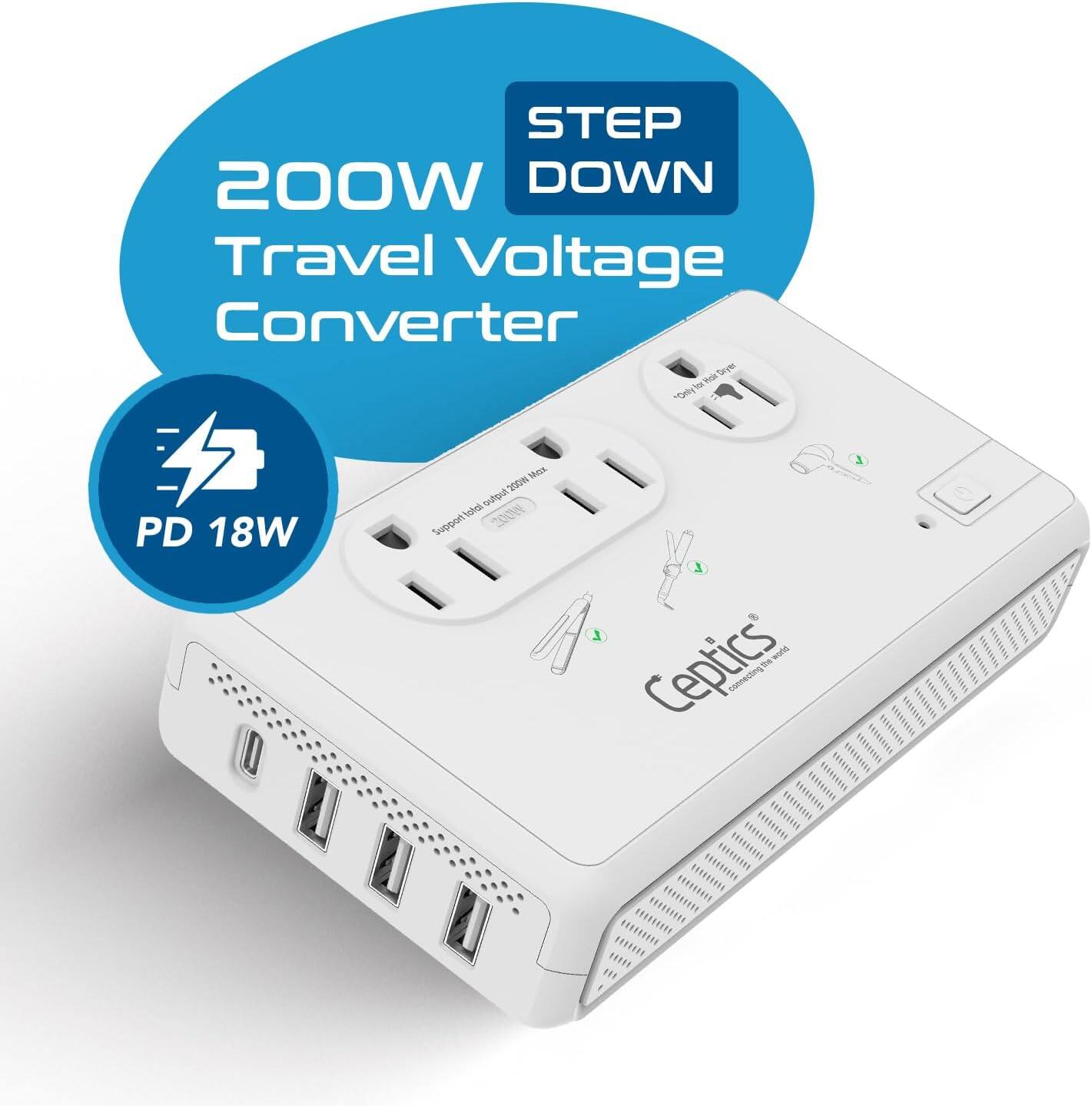200W Travel Voltage Converter  
STEP DOWN  
PD 18W  
CEPTICS