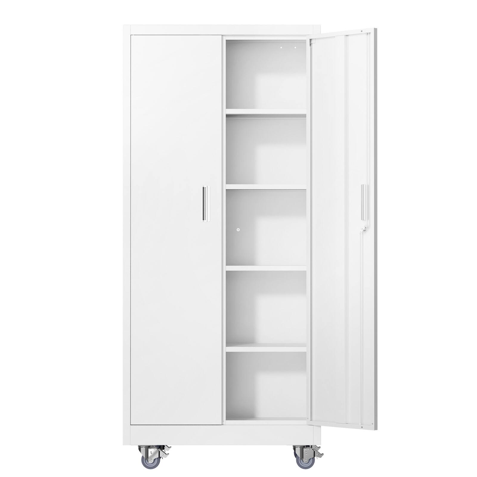 Alt View 3. Winado - Metal Storage Cabinet with 2 Doors, 4 Adjustable Shelves, 750 lbs Capacity, 360° Swivel Wheels for Garage, Office, Home - White.