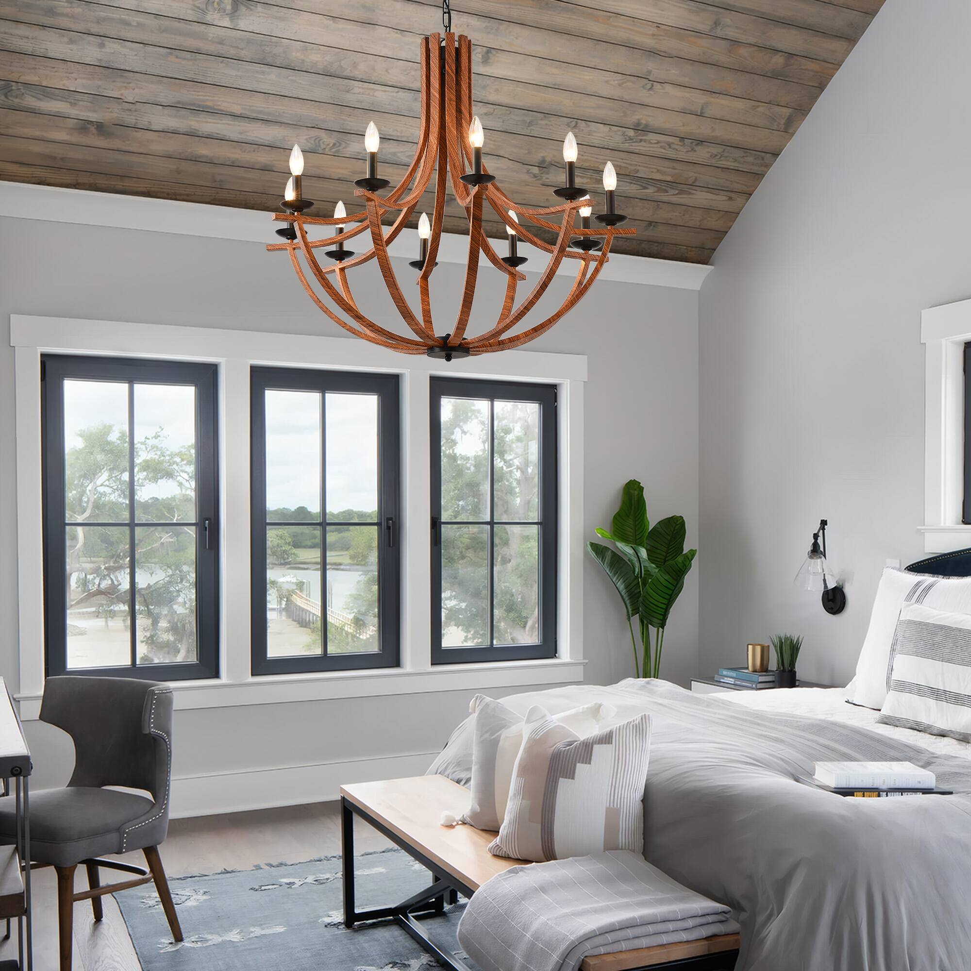 Alt View 2. RYHNUYNE - 35"Farmhouse Chandelier,10-Light Dining Room Light Fixture,Rustic Chandelier Wooden Light Fixtures for Living Room - Brown.