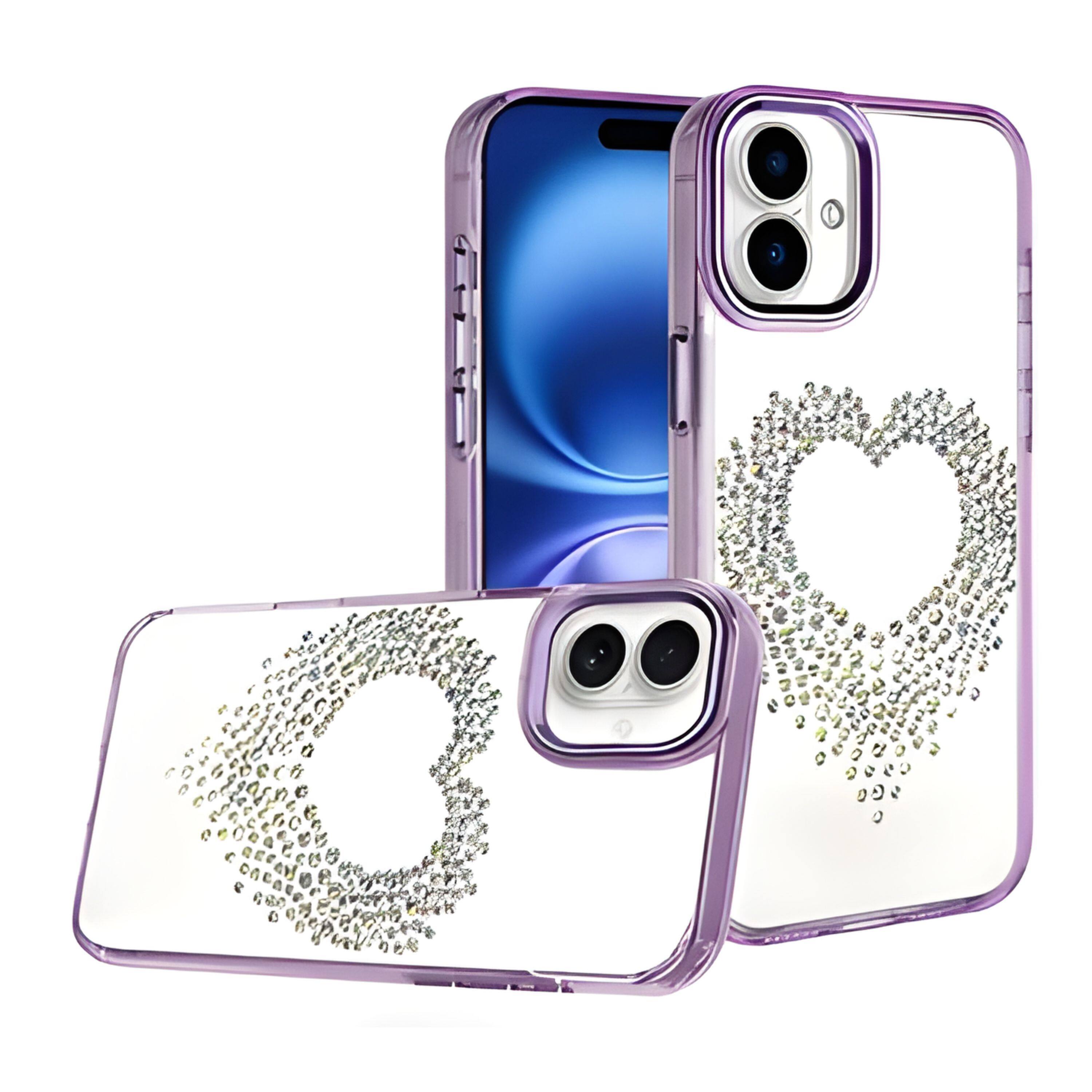 Angle. Kitcheniva - Heart Shaped Rhinestones Chrome Edges Phone Case With Tempered Glass For iPhone 17 Purple - Purple.