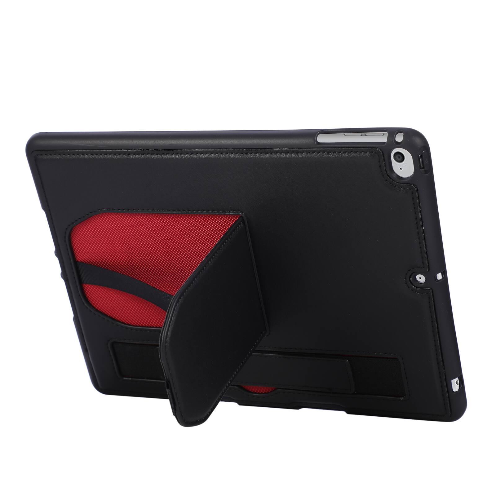 Back. Dteck - Shockproof Case for Apple iPad (6th Generation) 9.7" 2018 with Hand Strap and Kickstand, PU Leather TPU Protective Cover - Black.
