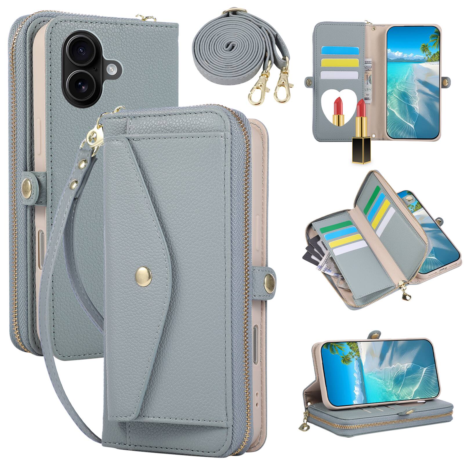 Front. Dteck - Leather Wallet Phone Case for Apple iPhone 16 Plus with Crossbody Strap, Shockproof Zipper Pocket Mirror Stand Cover - Blue.