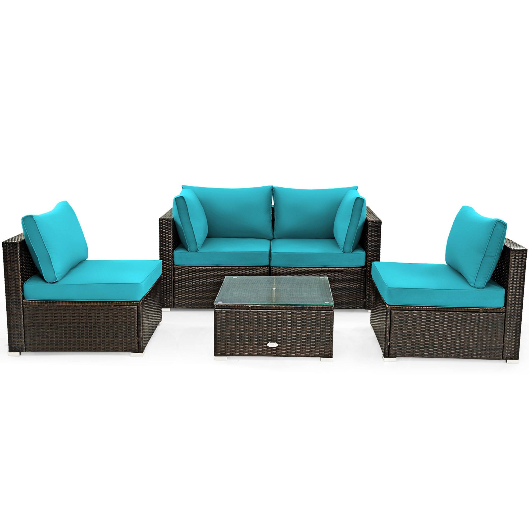 Alt View 1. Gymax - Gymax 5PCS Rattan Patio Conversation Set Sofa Furniture Set w/ Turquoise Cushions - Mix brown.