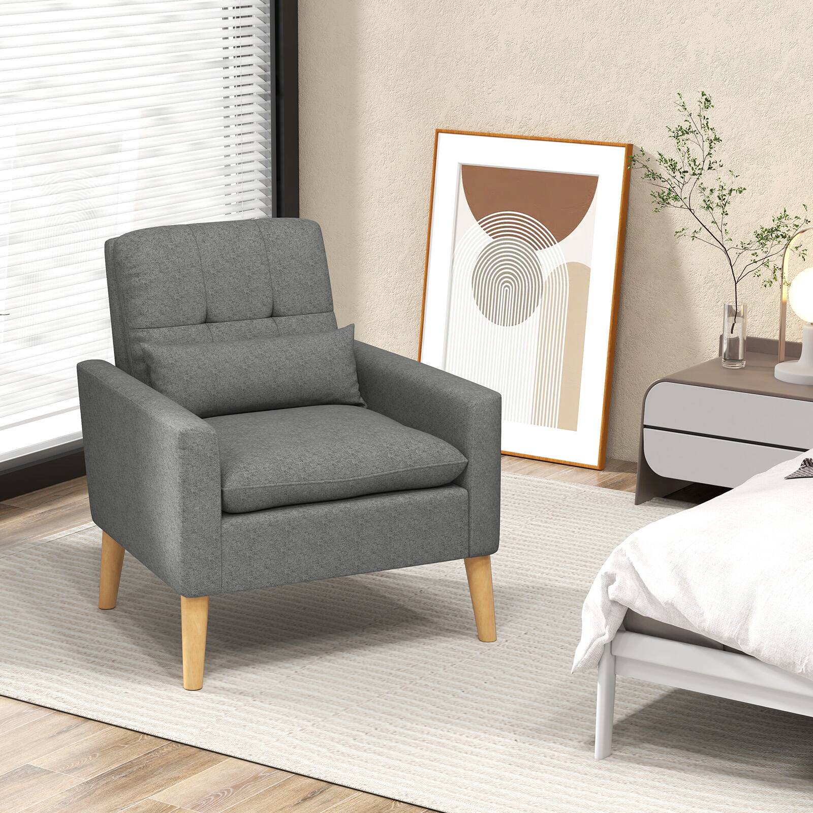 Alt View 11. Costway - Mid-Century Modern Linen Accent Chair with Lumbar Pillow - Grey.