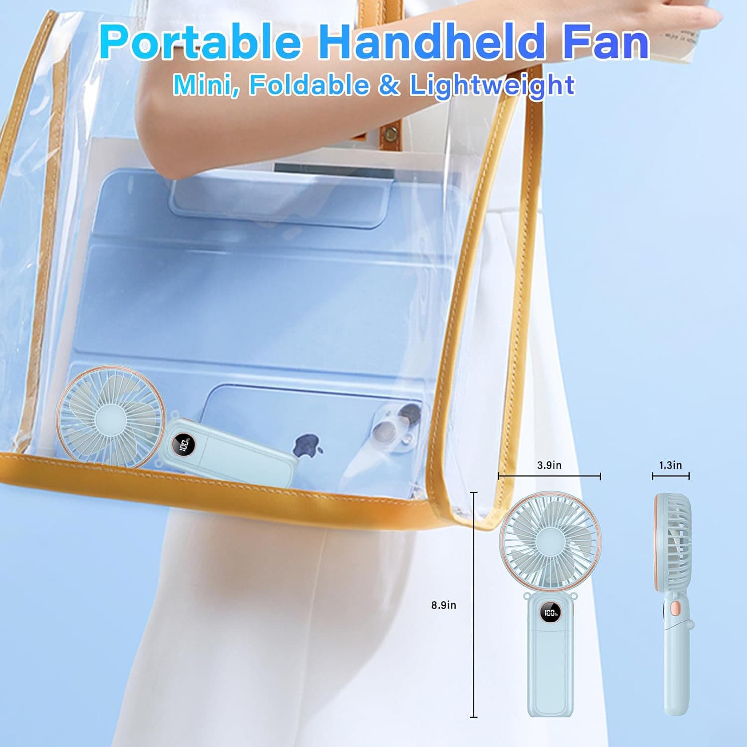 Portable Handheld Fan Mini, Foldable & Lightweight  
3.9in 1.3in 8.9in ECC