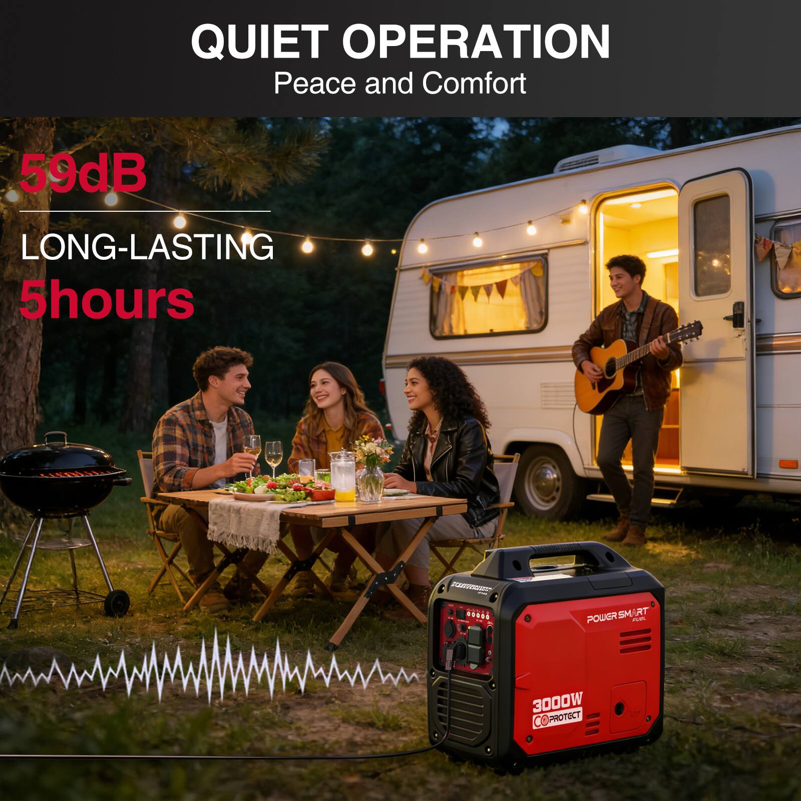 QUIET OPERATION  
Peace and Comfort  

59dB  
LONG-LASTING  
5hours  

POWER SMART  
3000W  
PROTECT