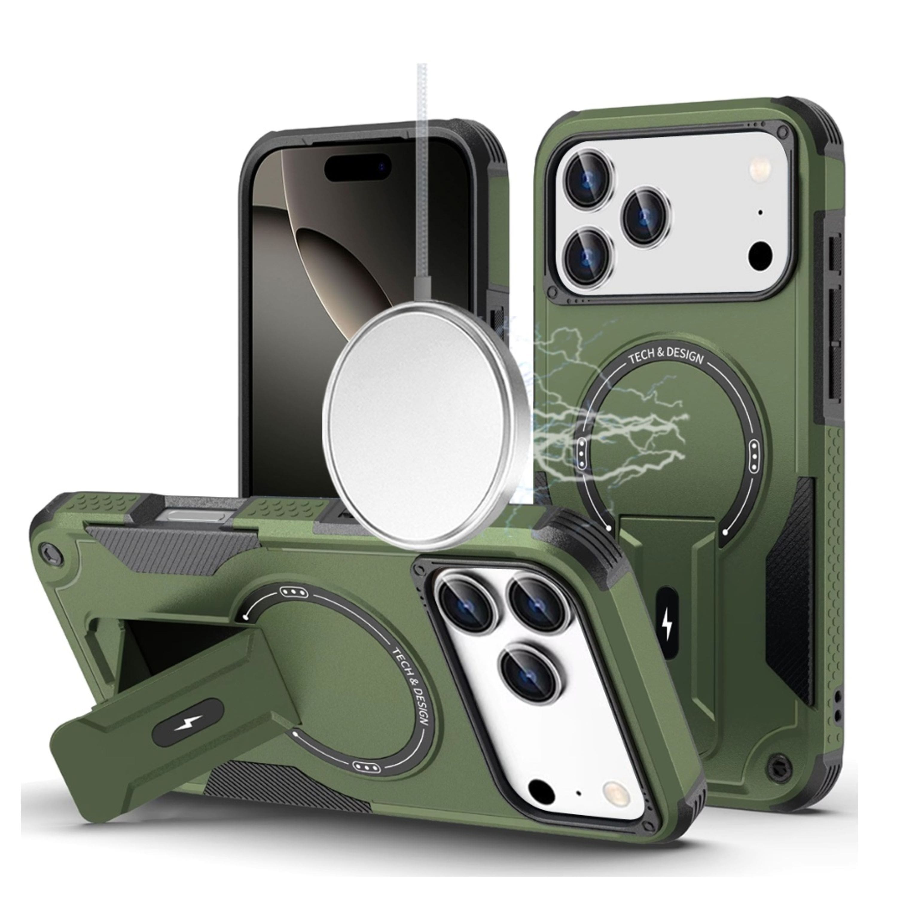 Kitcheniva - Magnetic Circle Rugged Grip Kickstand Phone Case With Tempered Glass For iPhone 17 Pro - Midnight Green price history on PriceWatchPro