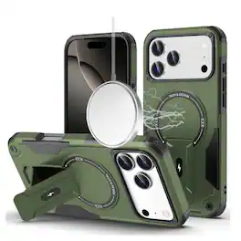 Kitcheniva - Magnetic Circle Rugged Grip Kickstand Phone Case With Tempered Glass For iPhone 17 Pro - Midnight Green